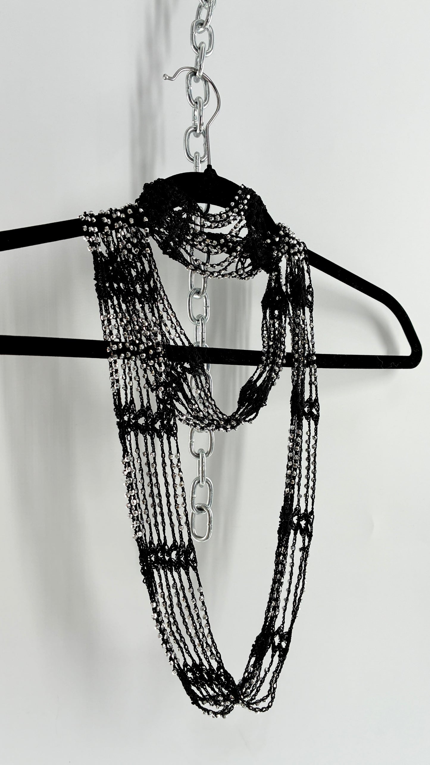 Vintage Black Crochet Infinity Scarf with Silver Pebble Beading