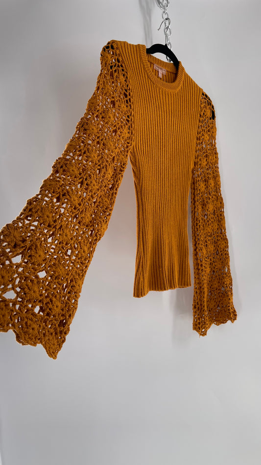 Love Colétte Mustard Sweater with Crochet Bell Sleeve (Large)