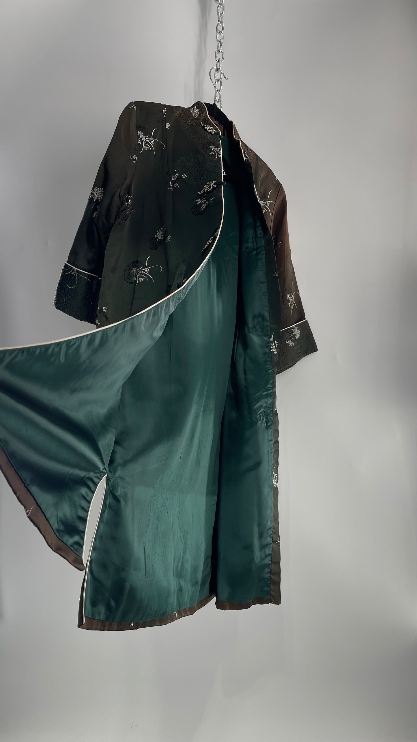 Vintage Hong Kong, Hand Made, Dark Green Silk Kimono Coat/Smoking Jacket (38)