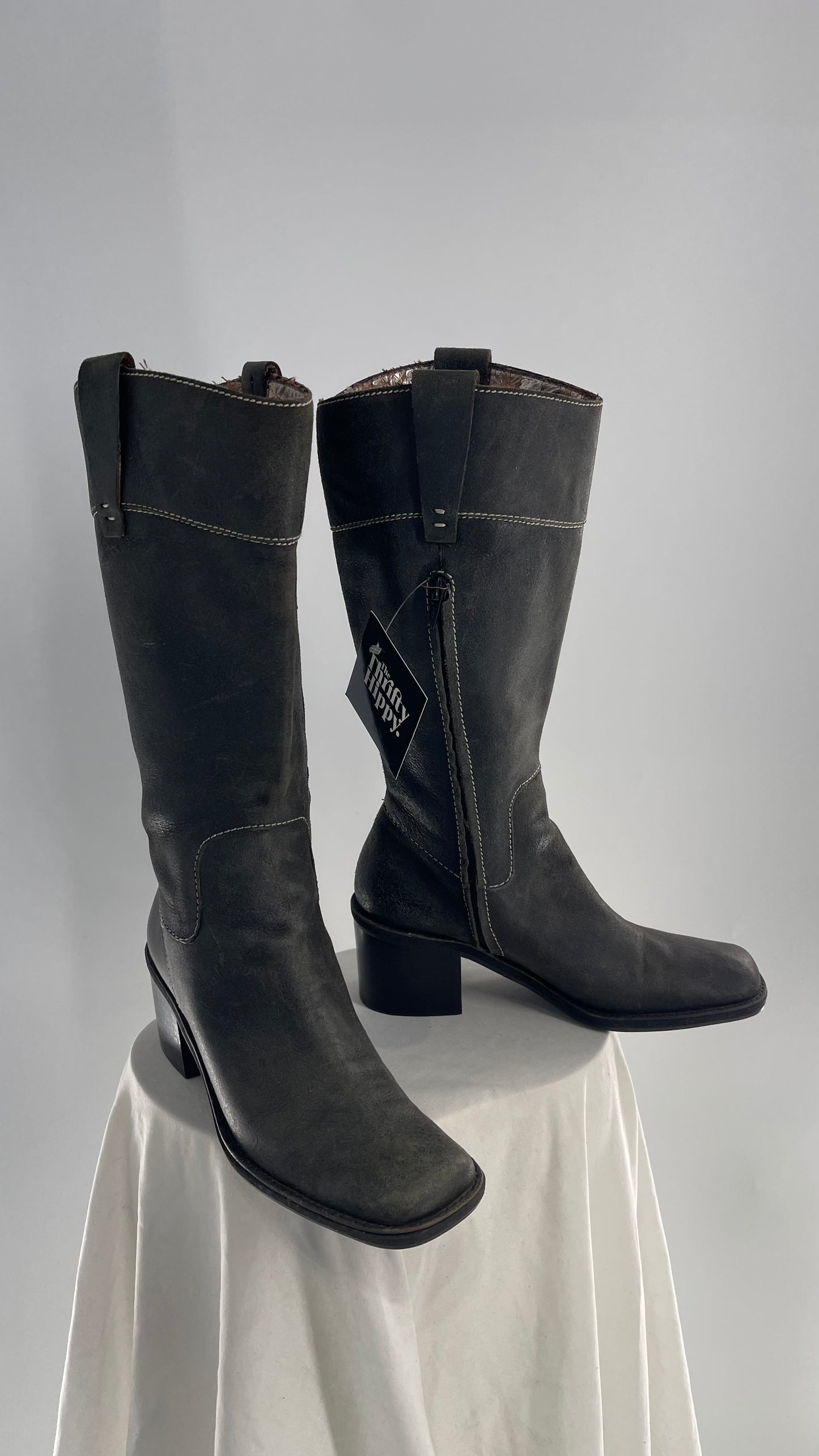 Vintage Nine West Dark Grey Leather Square Toe Heeled Knee High Boots (7.5)