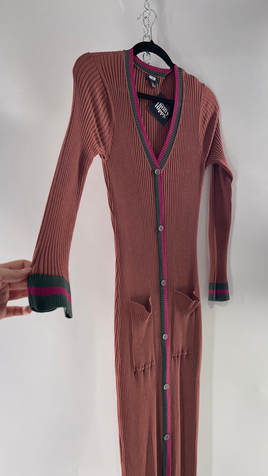 Current Air Los Angeles Brown Ribbed Knit Long Sleeve Button Front Dress with Fuchsia and Forest Green Striping (XS)