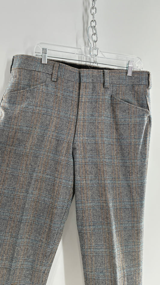 Vintage Handmade Wool Blend Woven Men’s Tailored Trousers with Grey Blue Plaid Pattern (35x32)