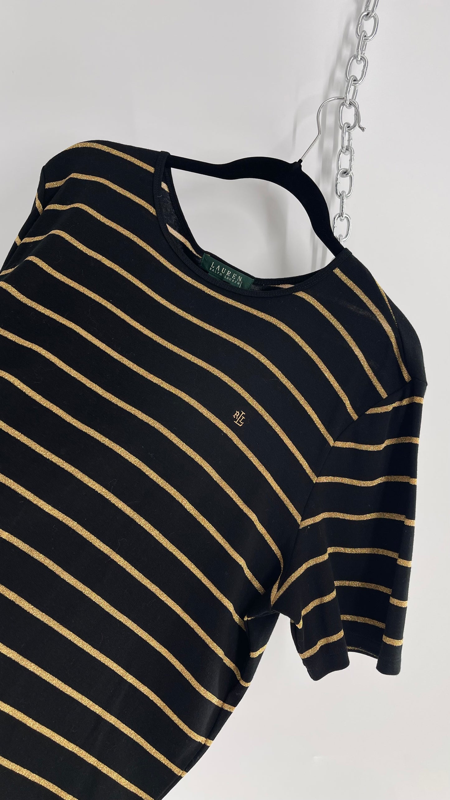 LAUREN Ralph Lauren Gold Glitter Striped T Shirt with Tags Attached (2X)