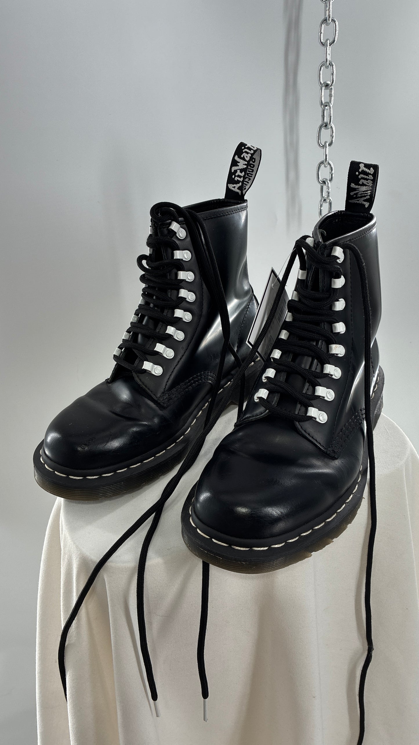 Vintage DR.MARTENS AirWair 1460 DISRUPT Black Patent Leather Boots with White Hardware (8L, 7M)