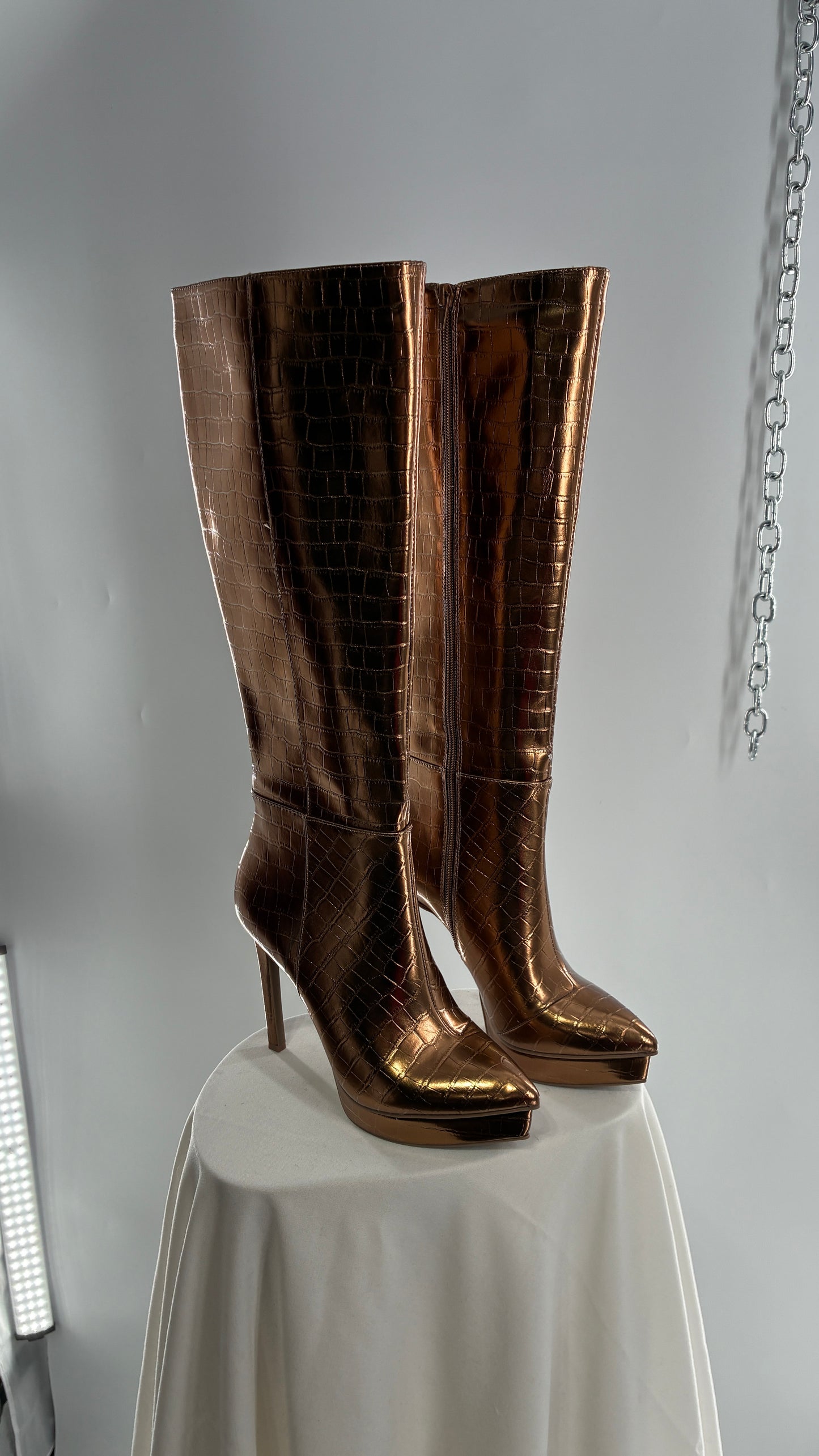 Vintage THALIA SODI Bronze Embossed Crocodile Texture Platform, Pointed Toe, Knee High Boots (6)