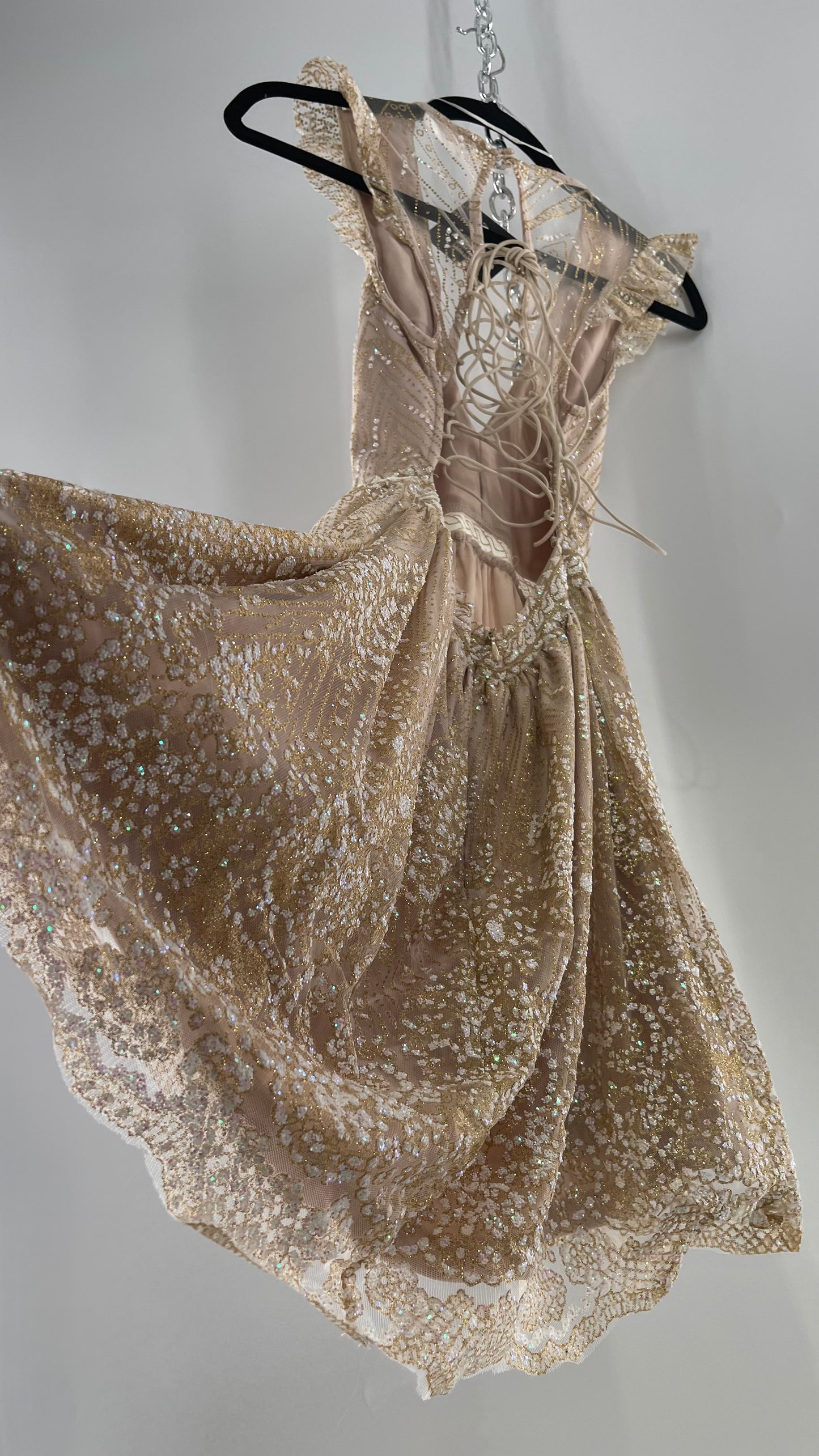 Hello Molly Fairy Sleeveless Chunky Iridescent Glitter Gold Mini Dress with Tie Up Back and Ruffle Sleeve (S)