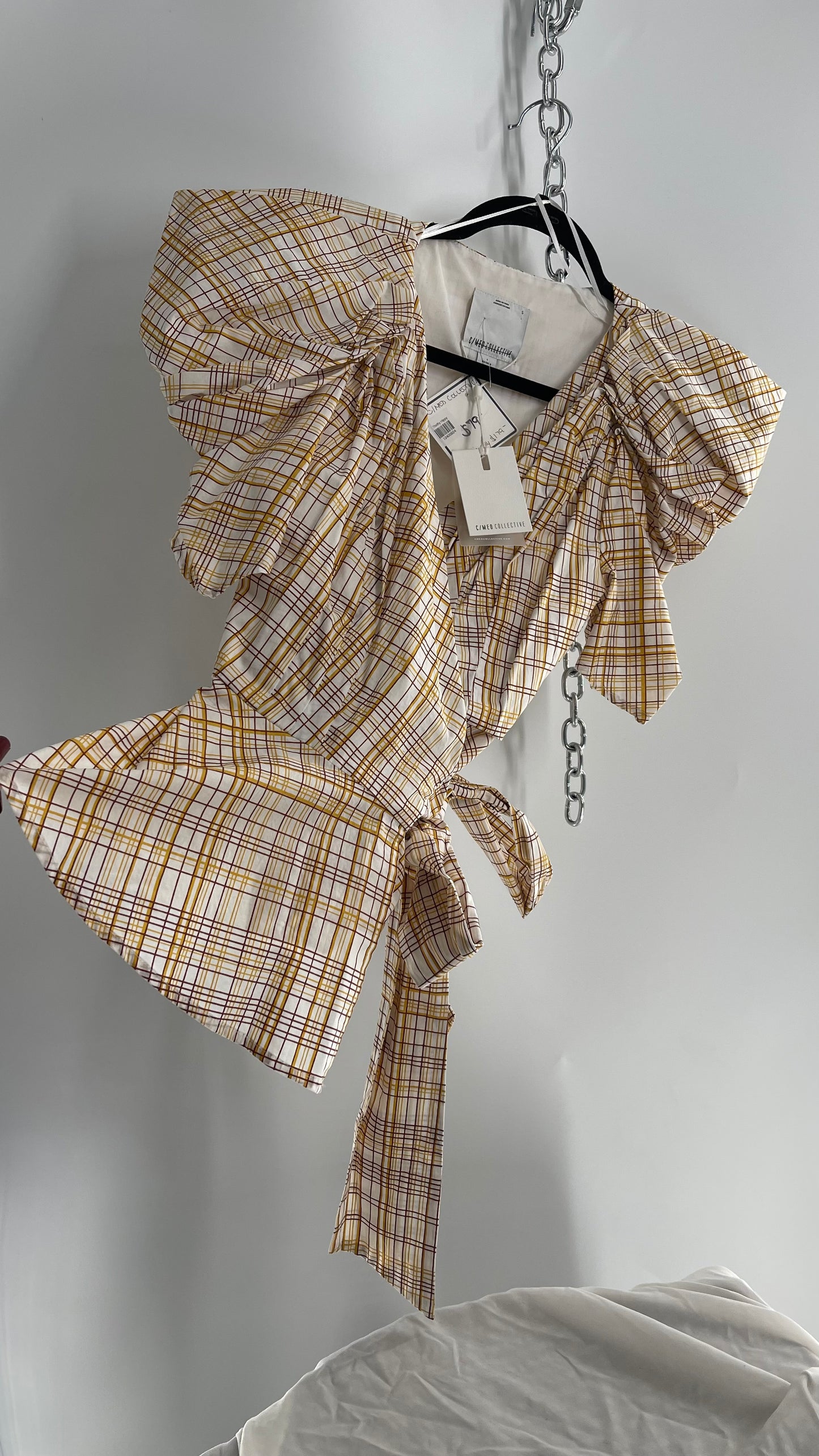 C/MEO Collective Plaid Puff Sleeve Peplum with Tags Attached (S)
