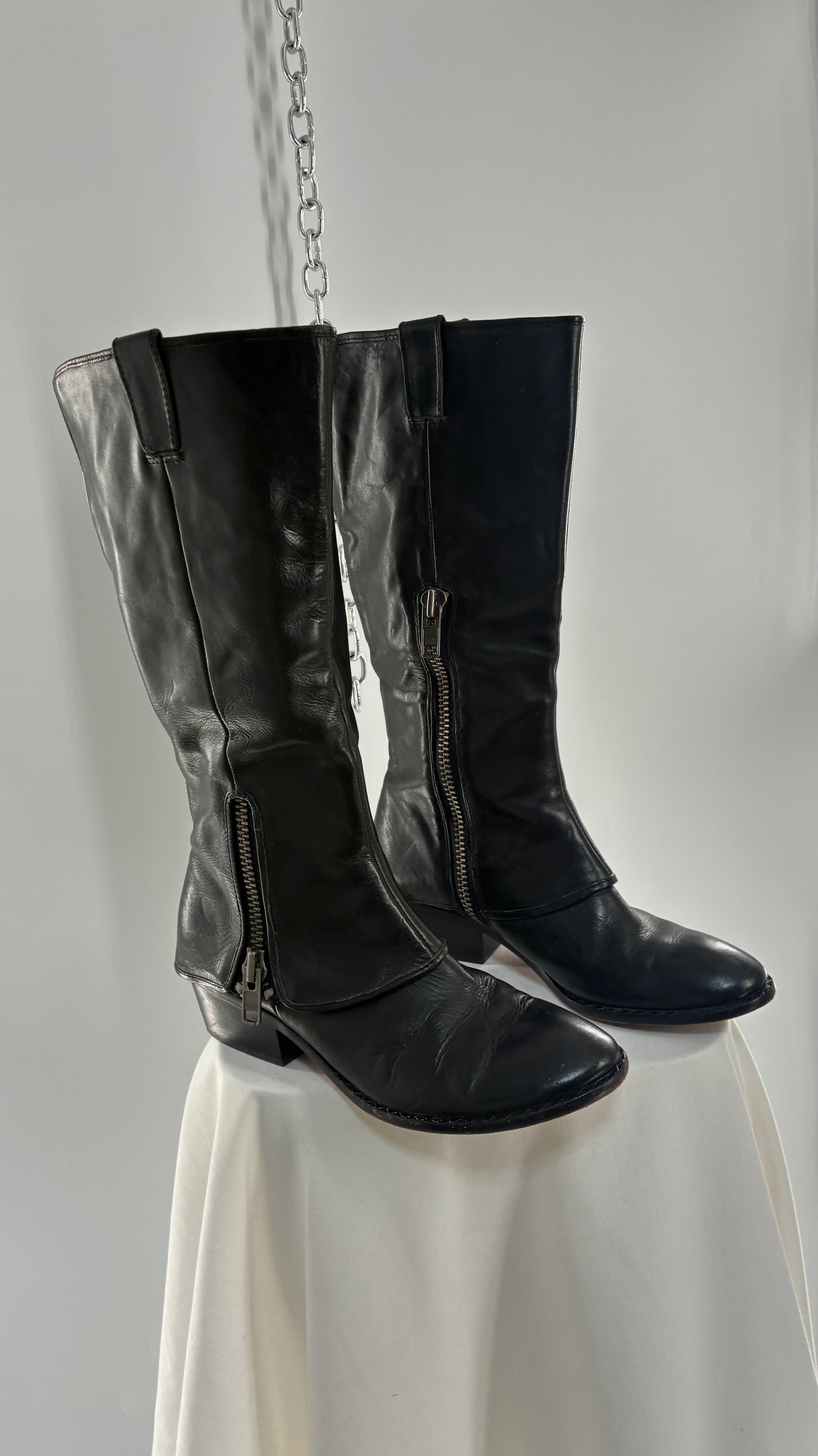 Vintage KORK EASE Black Genuine Leather Fold Over Boots with Heavy Metal Detailing (9/40.5)