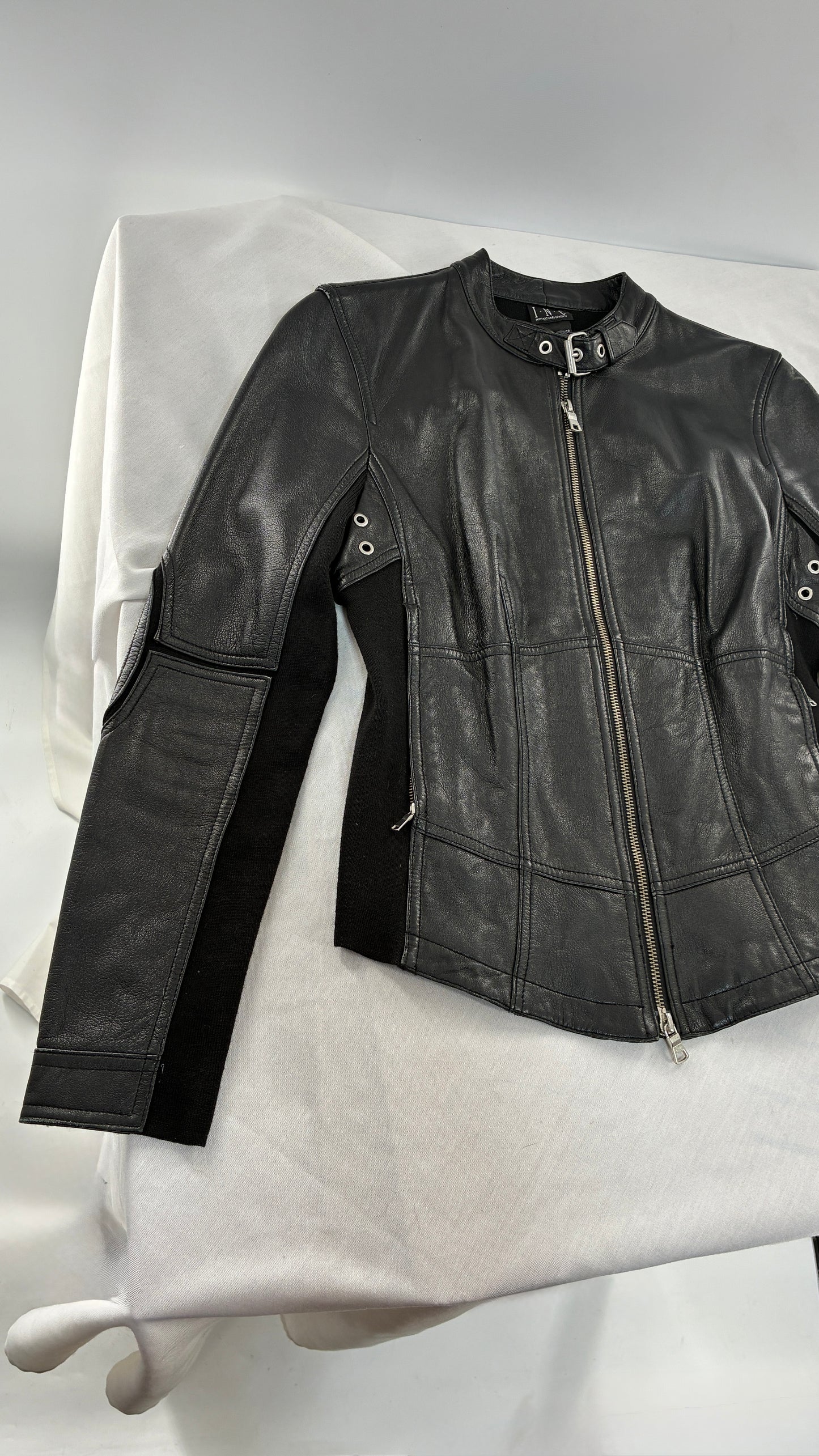 Vintage INC Black Genuine Leather and Wool Blend Paneled Patch Motorcycle Jacket (Medium)