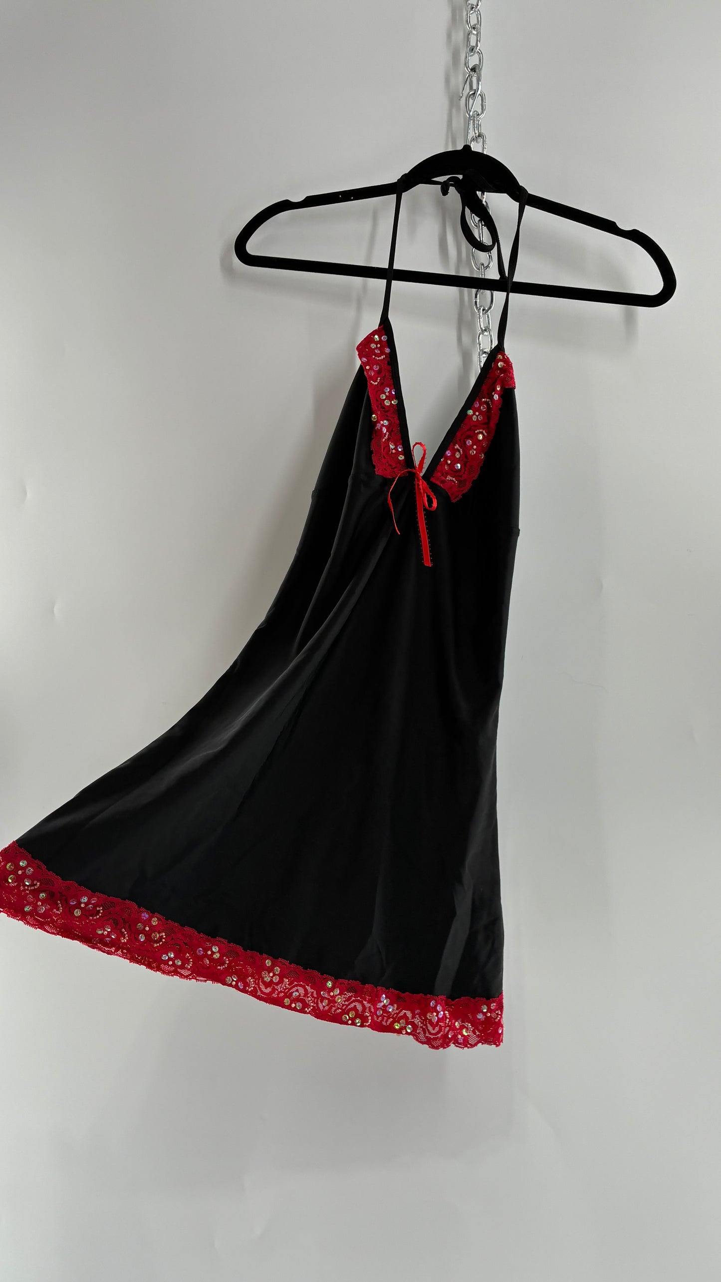 Vintage PROMISCUOUS Black Camisole Slip with Red Ruffled Sequin Lace and Scalloped Bum  (XL)