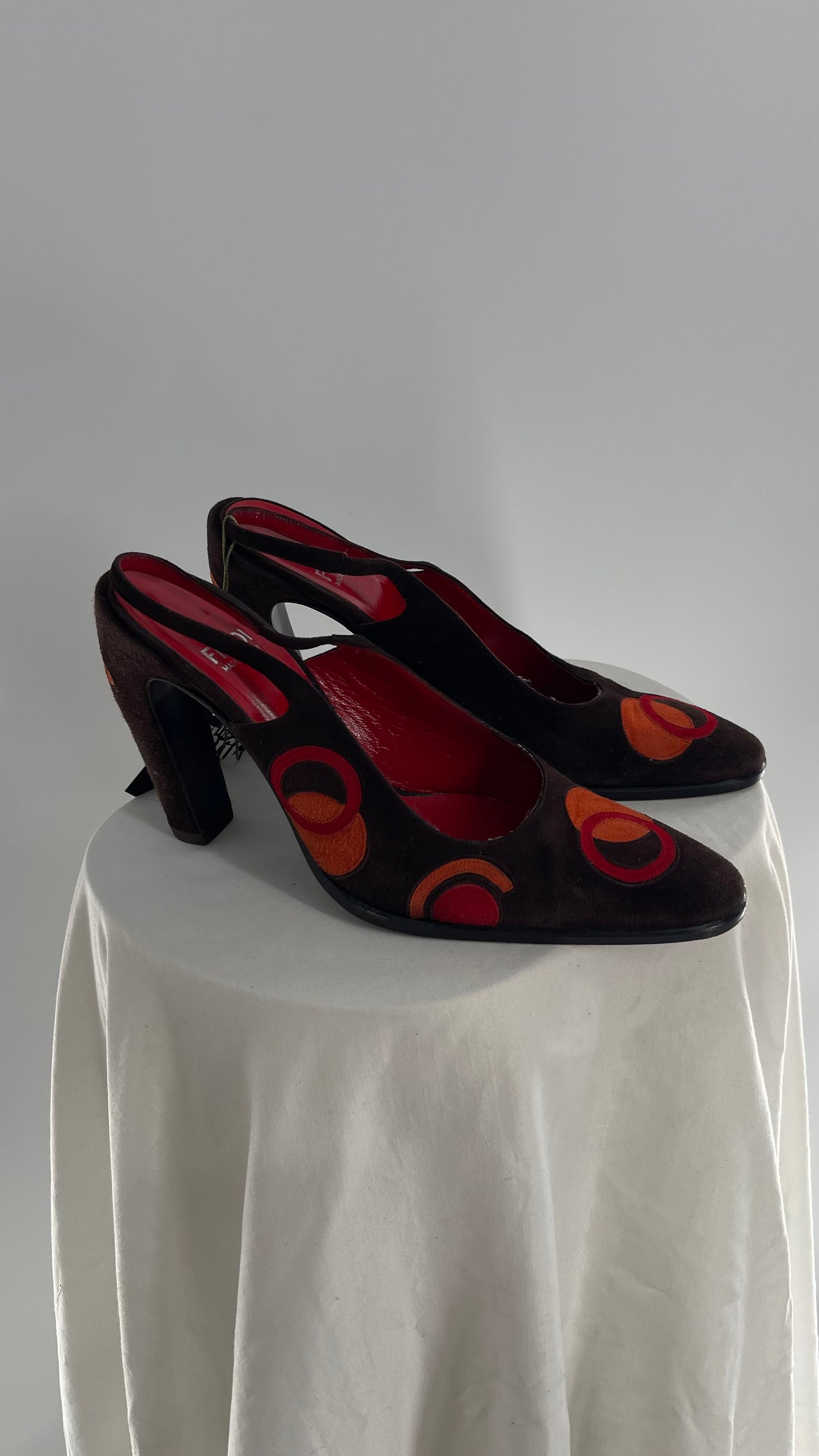 Vintage 1980s FENDI Brown Suede Leather Heel with Abstract Orange/Red Circles and Curved Heel (8)