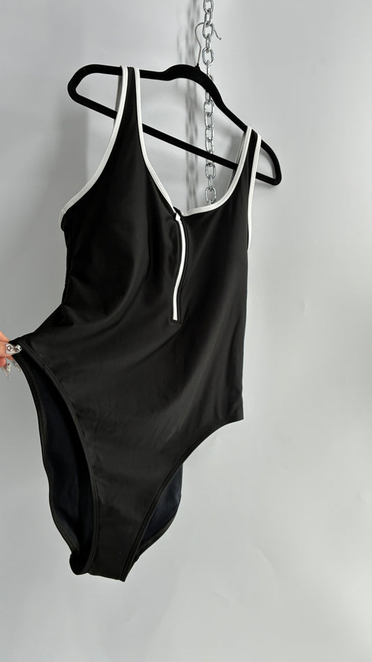 OLD NAVY Black Thick Zip Front Bathing Suit with Contrast White Piping and Tags Attached (XXL)