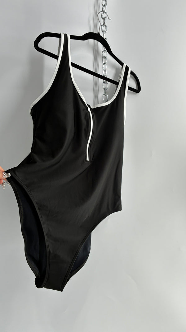 OLD NAVY Black Thick Zip Front Bathing Suit with Contrast White Piping and Tags Attached (XXL)