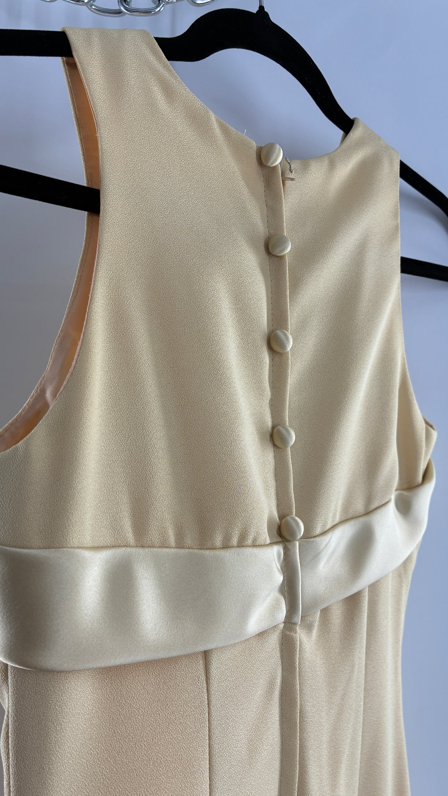 Vintage ALYCE’S Baby Yellow High Neck Satin Bow Bust, Side Slit, Button Back Gown (Measured)