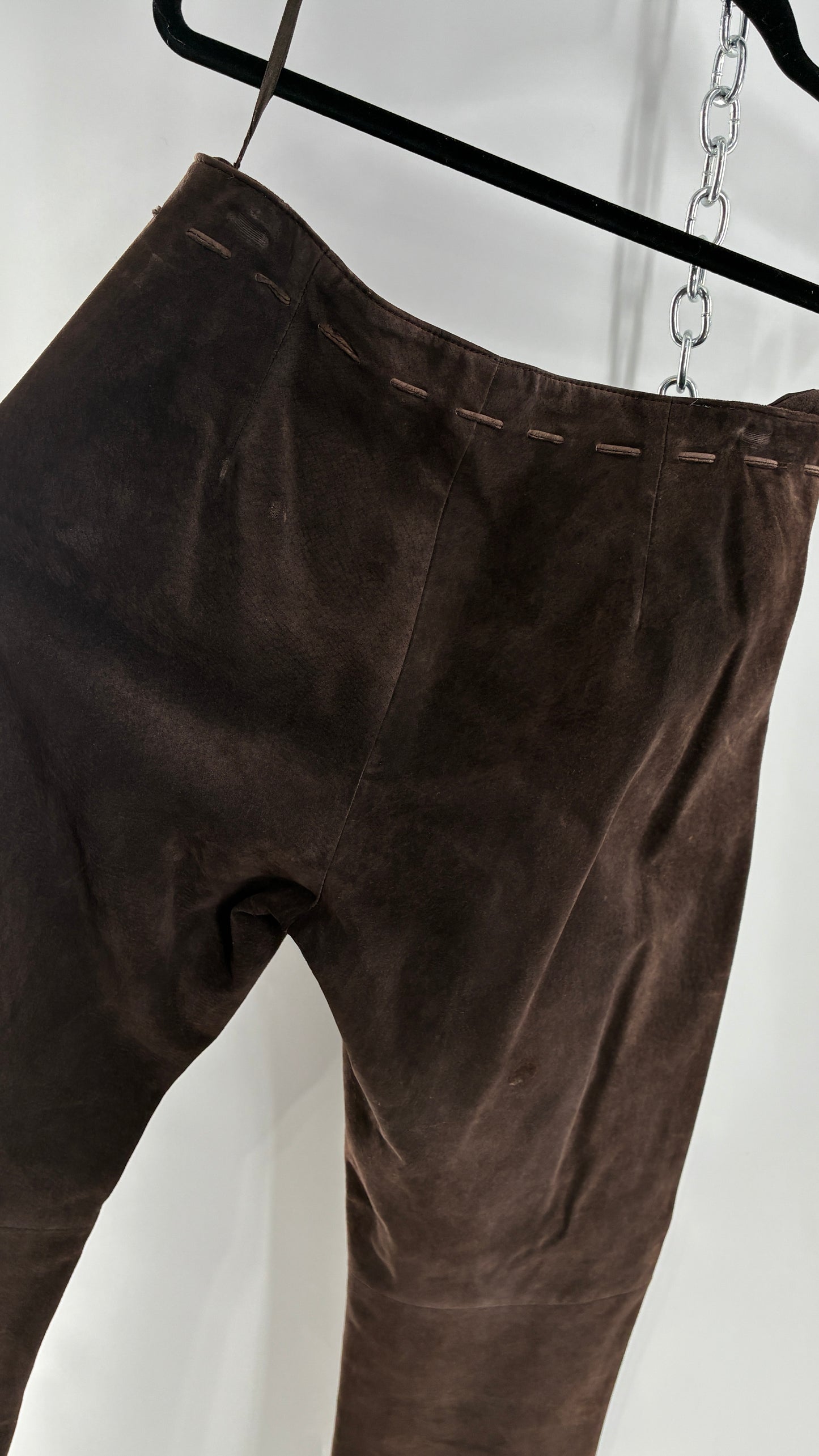Vintage FOR JOSEPH Low Rise, Chocolate Brown Suede Pants with Leather Stitch Sides and Bow Closure (28)