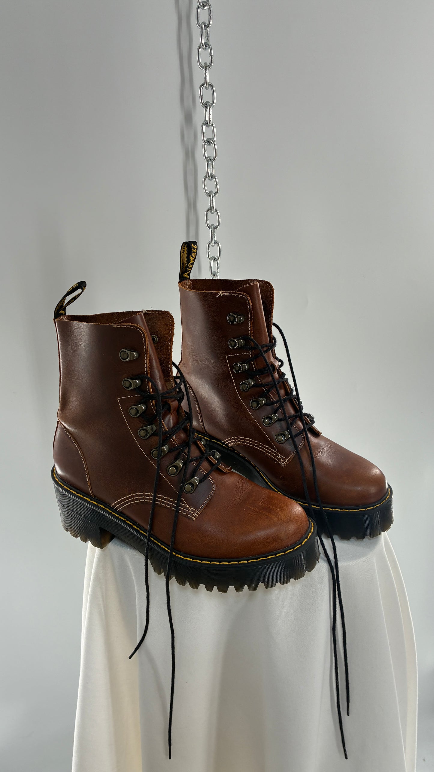 DR. MARTENS Leona Saddle Leather Platform Boots (9L)