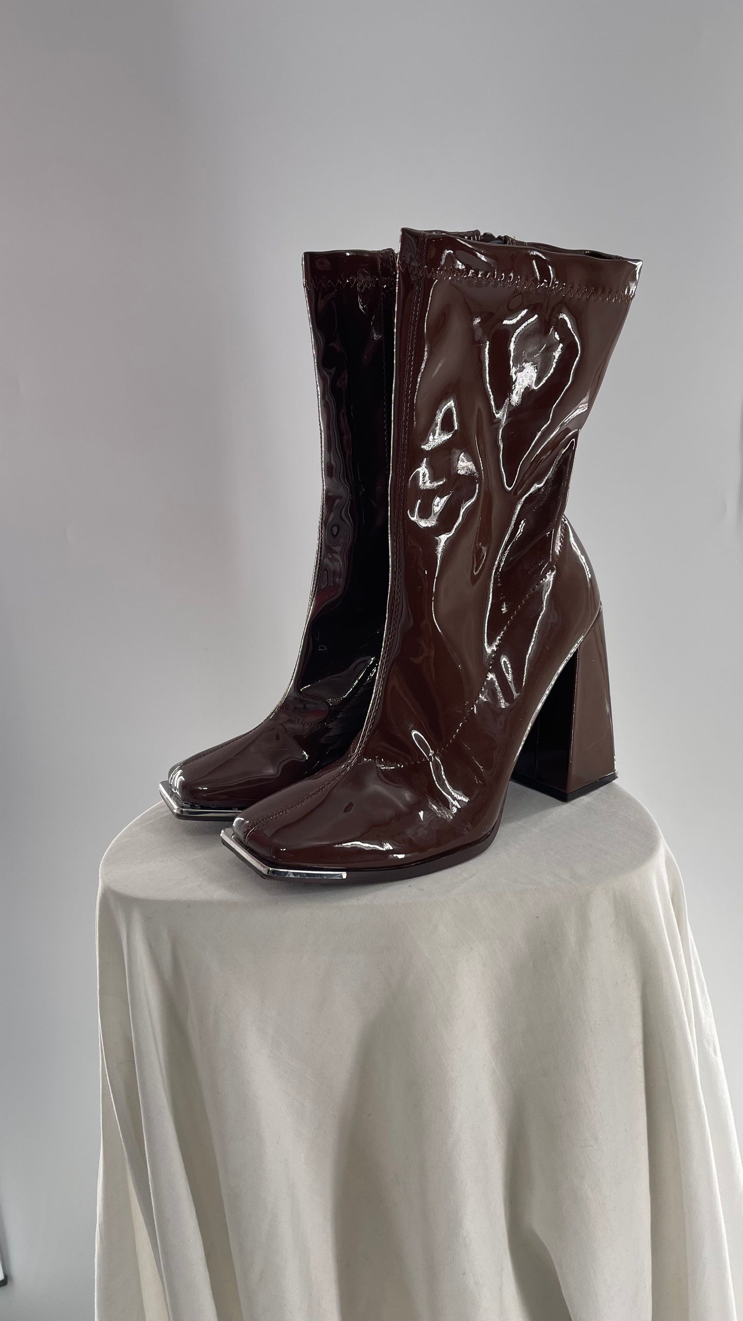 Square Toe Brown Vinyl Boot with Angled Block Heel (8)