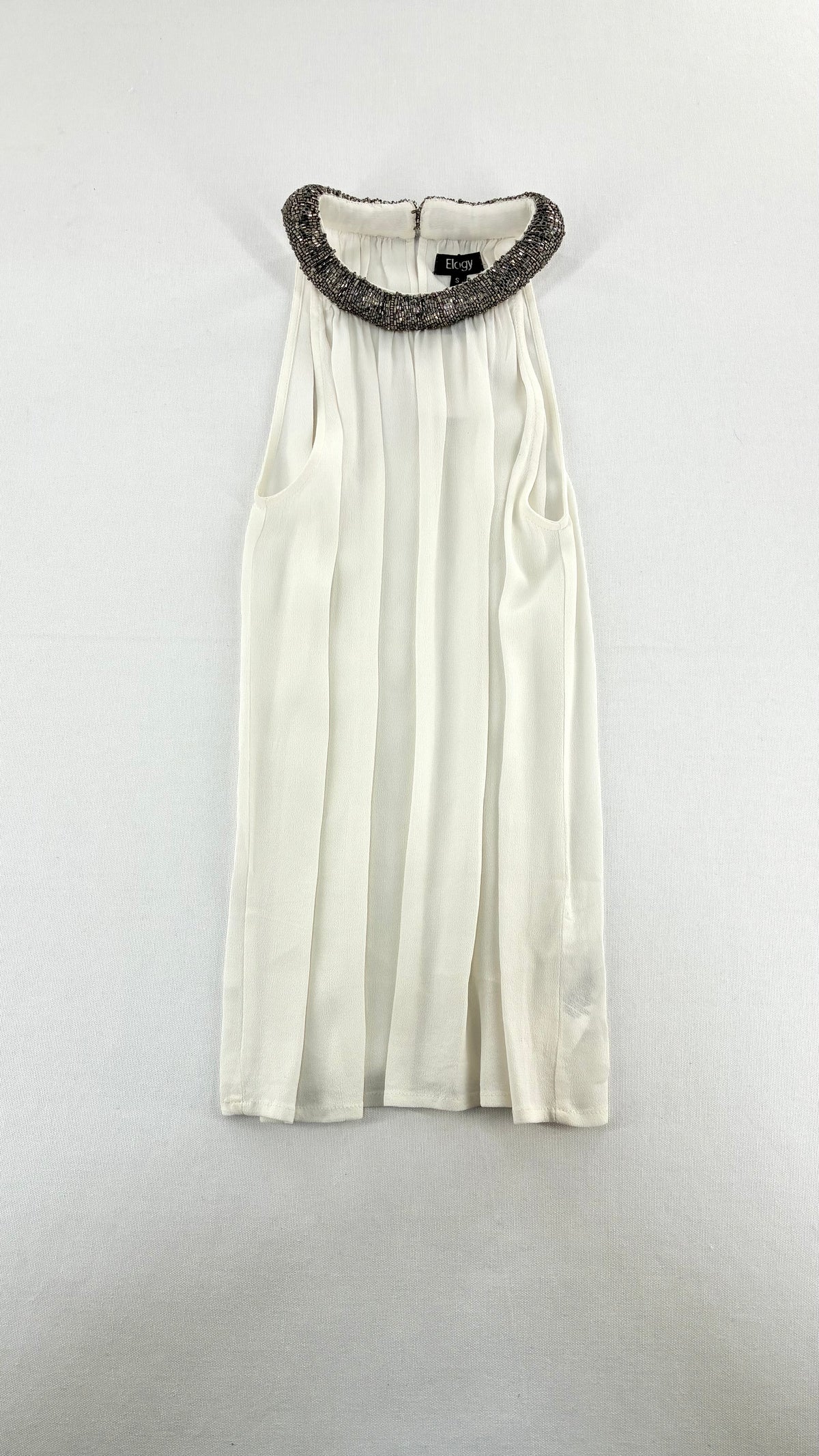Deadstock Vintage ELOGY High Neck Draping White Top with Gunmetal Beaded Choker Neckline and Tags (Small)