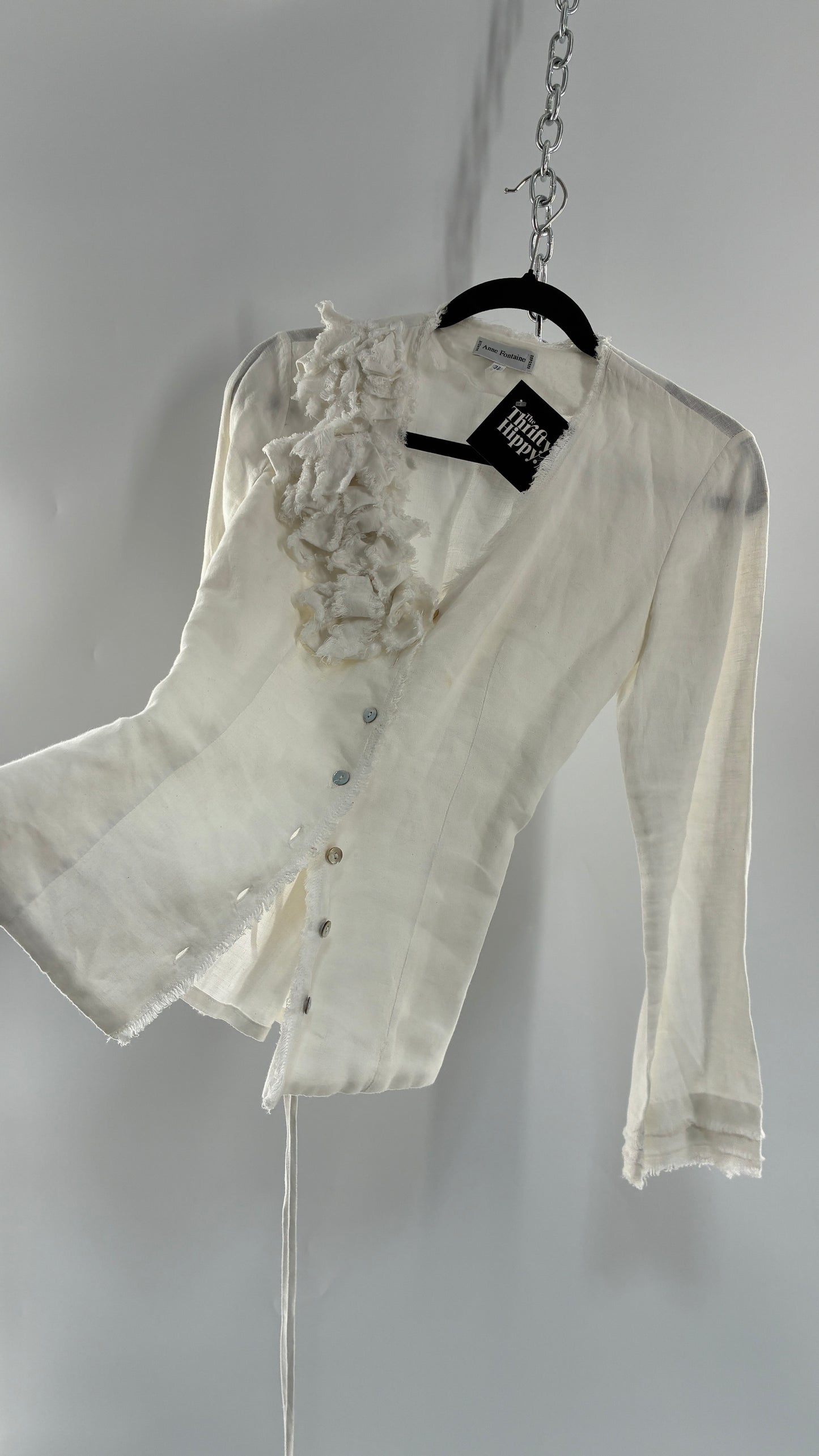 Vintage ANNE FONTAINE Off White Linen Woven Button Up Blouse with Back Corseting, Pearlescent Shell Buttons, and Rosette Details (36)