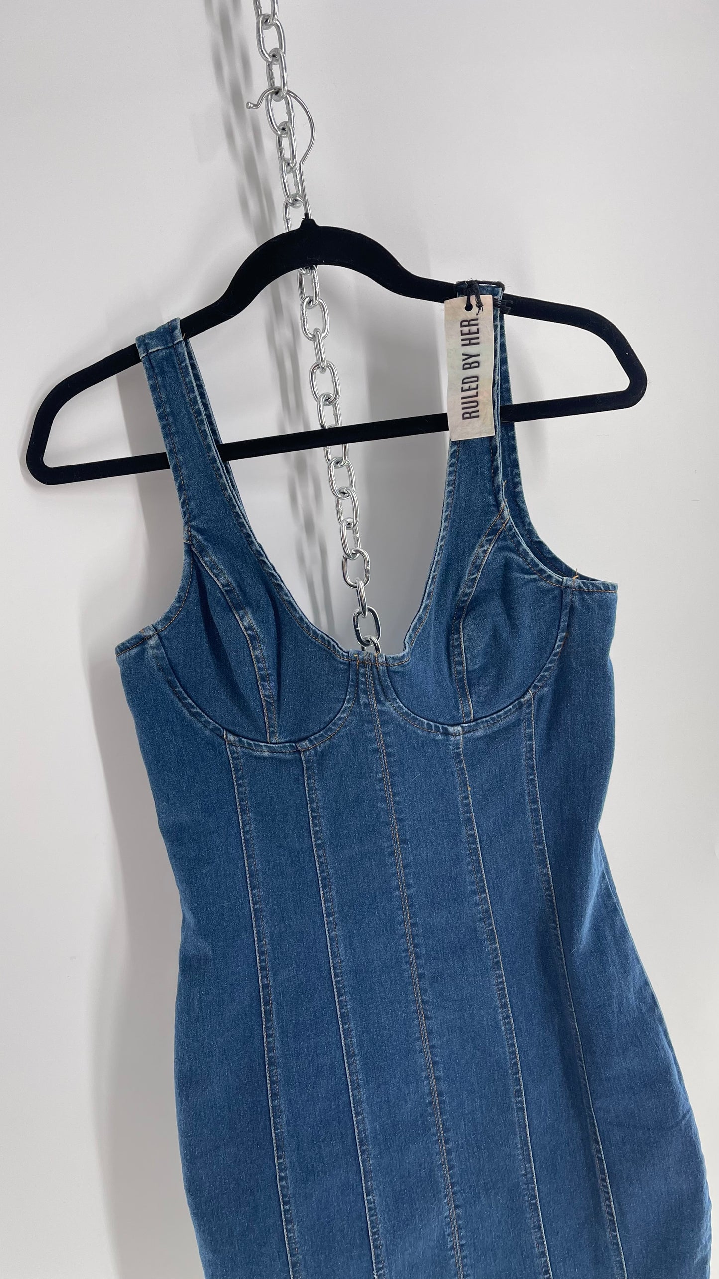 Ruled by Her Denim Body Con Dress with Tags Attached (Medium)