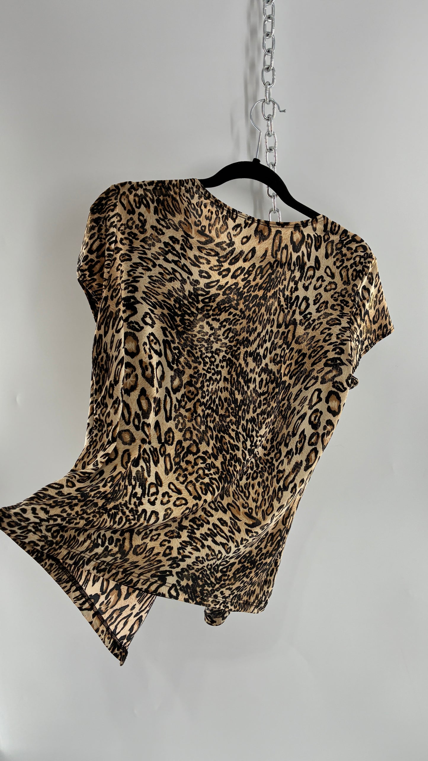 Vintage DRESS BARN Cheetah Patterned Metallic Sheen Belted Blouse with Buckle Detail (Large)