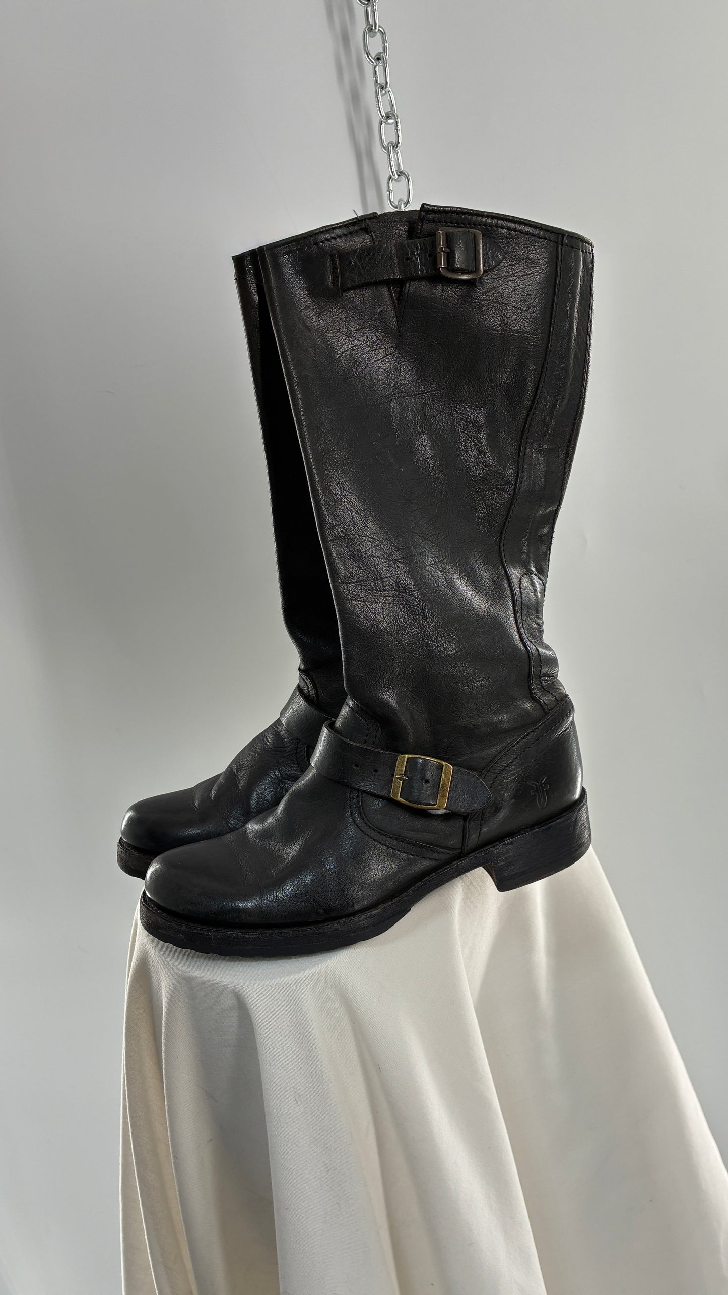 Vintage FRYE Veronica Tumble Shiny Black Leather Slouch Boot (8)