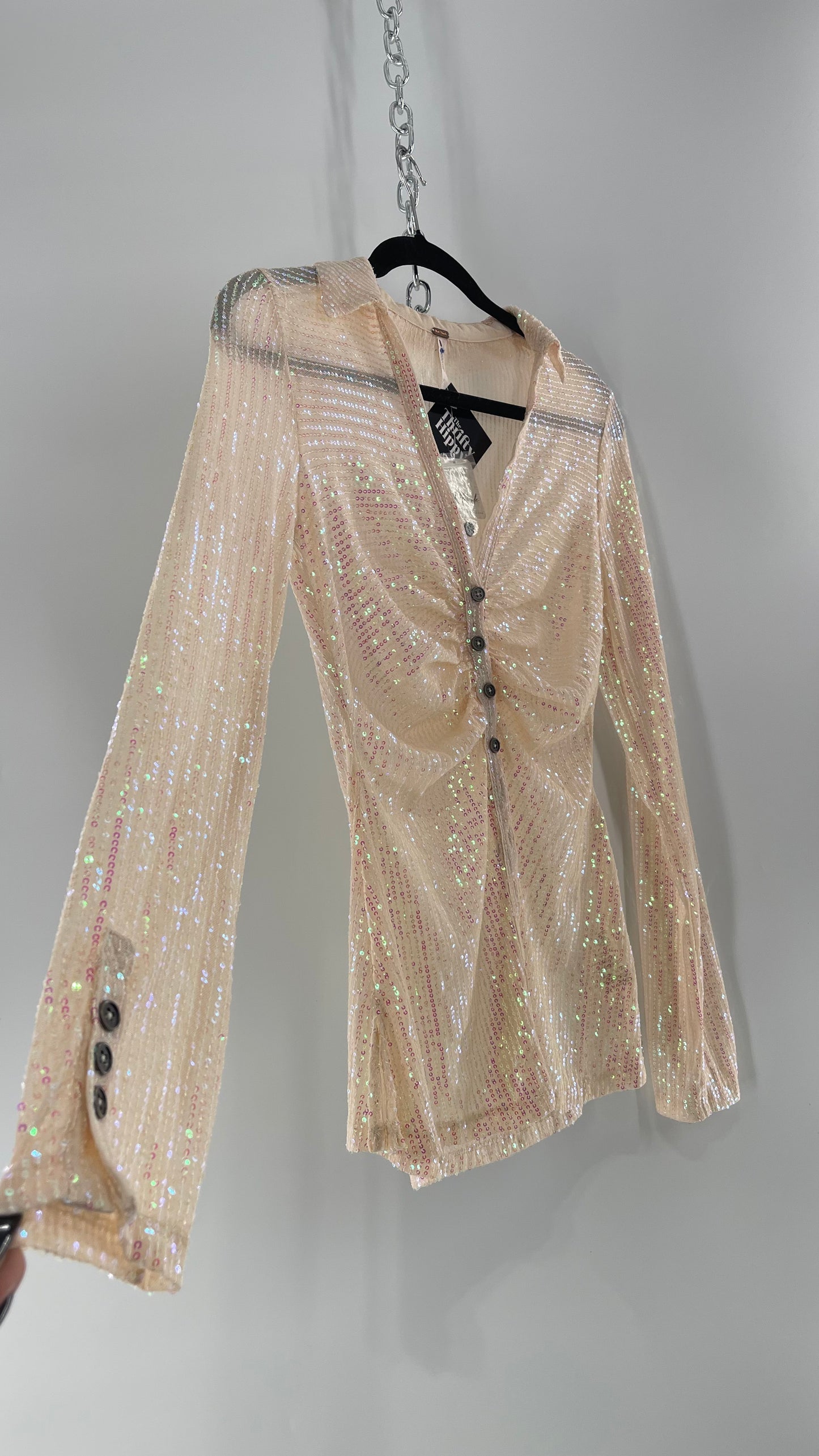 Free People Iridescent Sequined Button Front Ruched Bust Blouse with Tags Attached (Small)