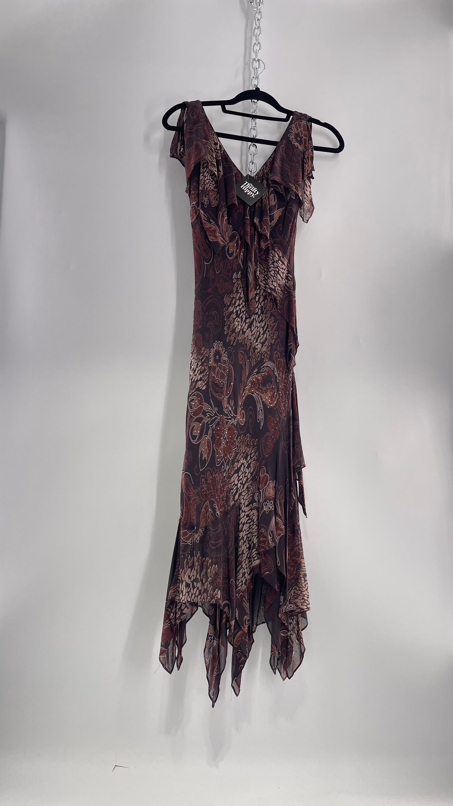 Vintage 90s EVA BLUE Brown MIDI dress with beading and Handkerchief Fairy Hem (10)