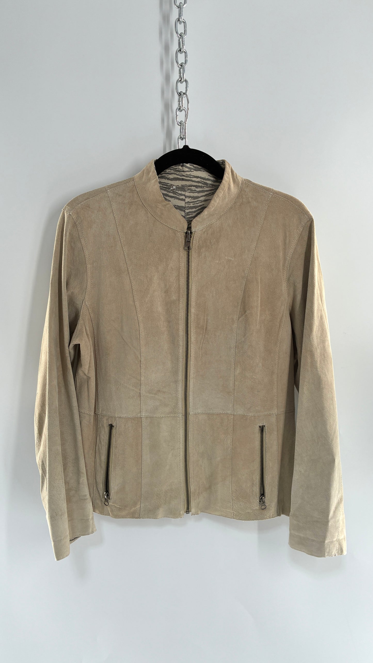 Vintage Reversible Thin Genuine Suede Leather Zip Up Jacket Beige/Zebra (Medium)
