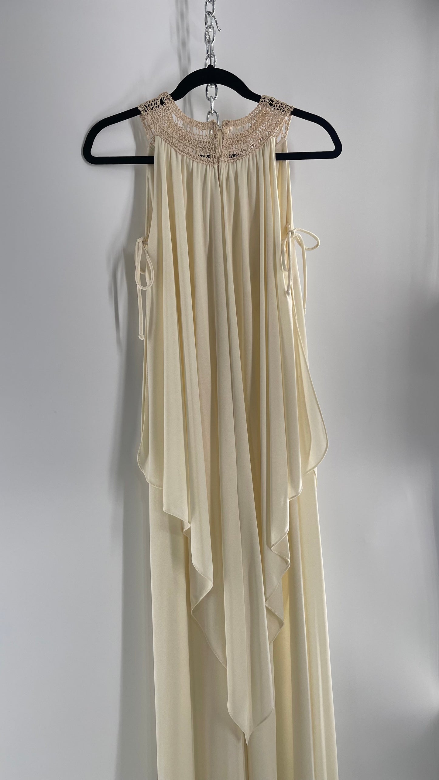 Vintage 1970s Off White Hand Made Goddess Gown with Draping Details, Tie Underarm, Pleated Body and Crochet/Macrame Neckline Detail (XS/S)