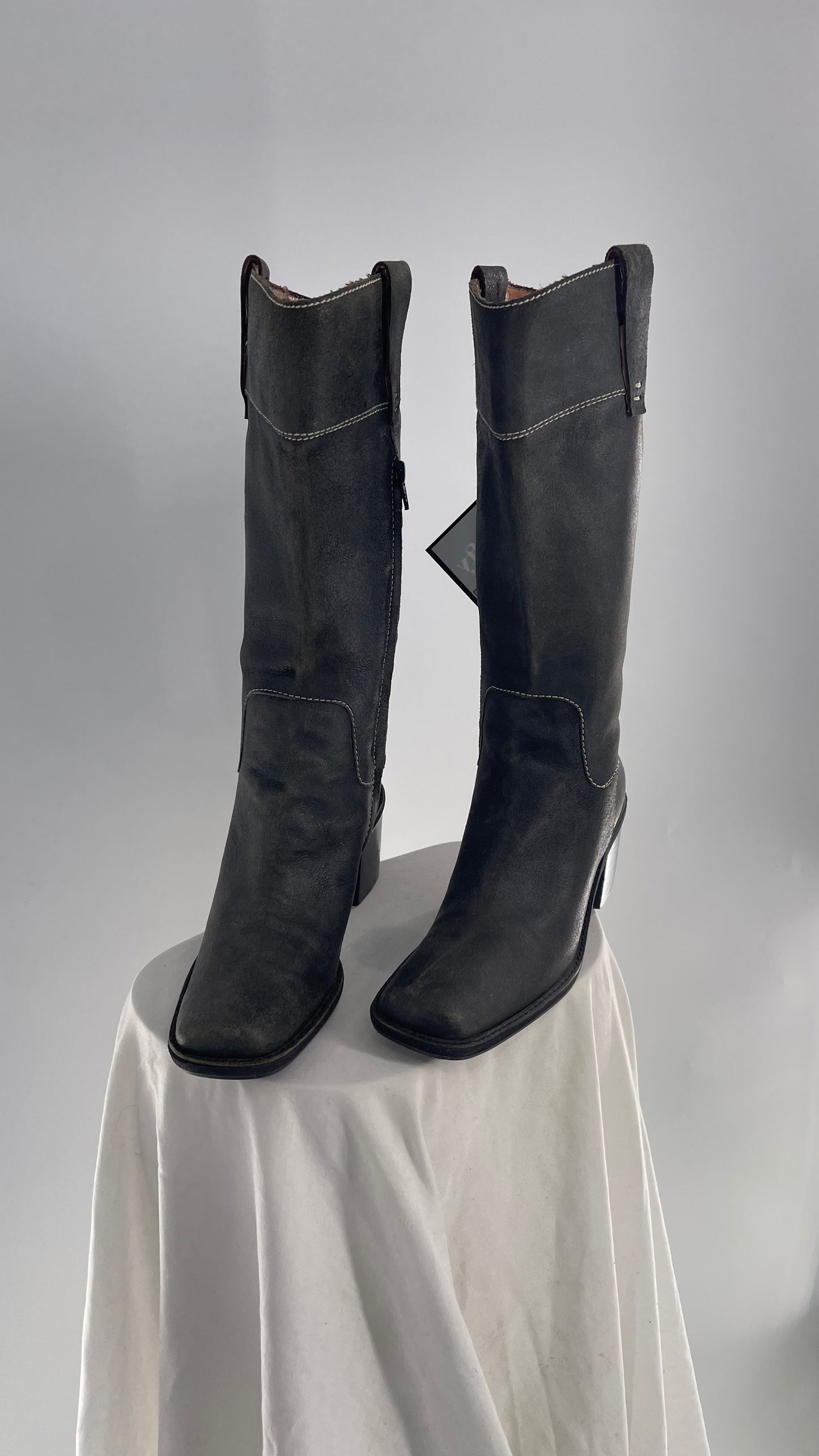 Vintage Nine West Dark Grey Leather Square Toe Heeled Knee High Boots (7.5)