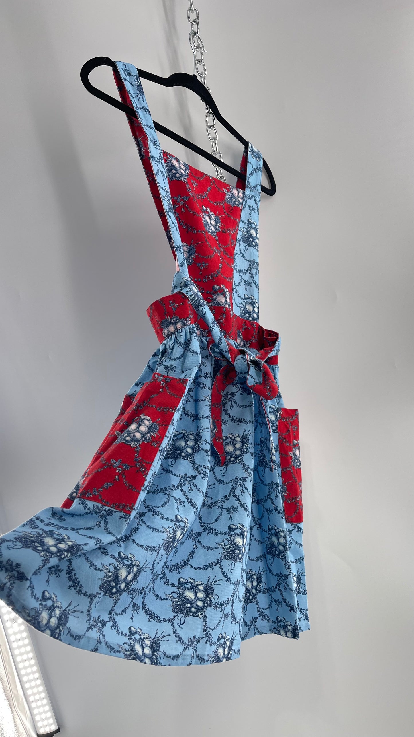 Vintage Apron Red and Baby Blue Floral/Citrus Patterned Mini Dress with Tie Around Bow (S\M)