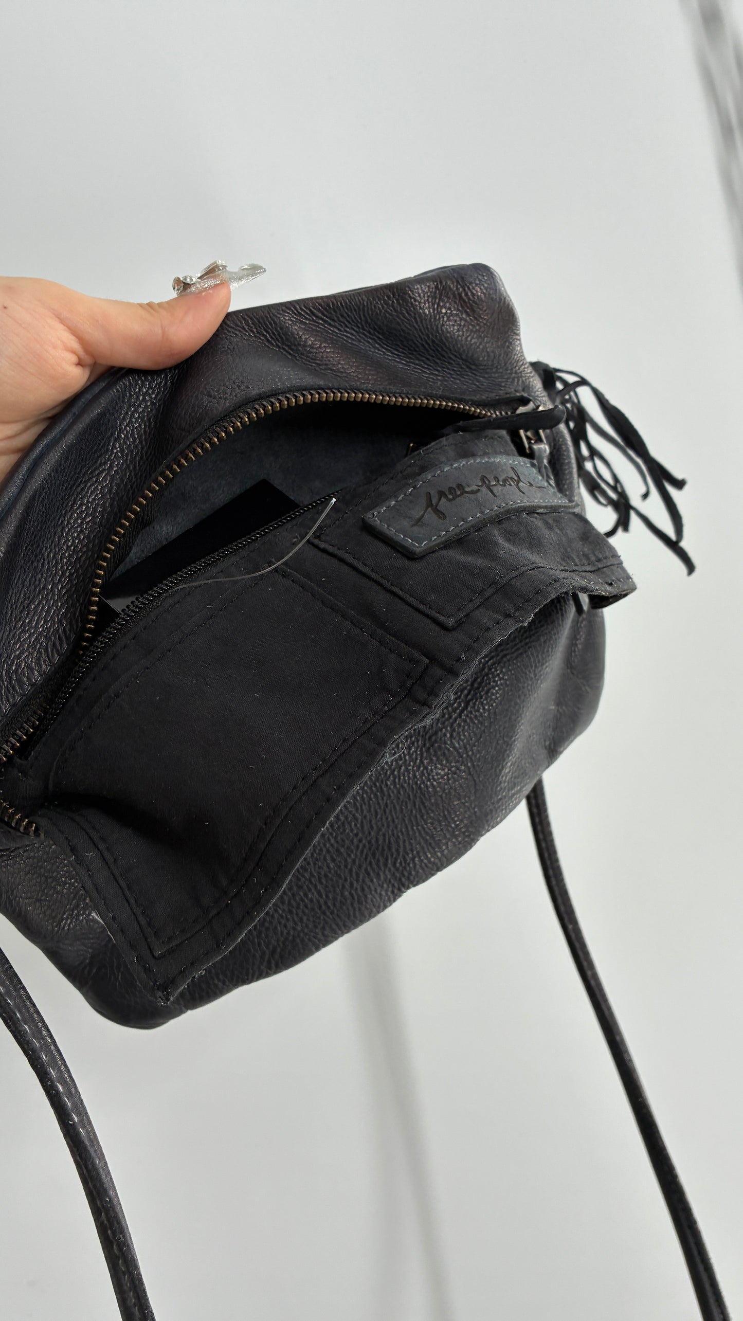 Free People Black Leather Cross Body Fringe Tassel Pouch Pocket Purse
