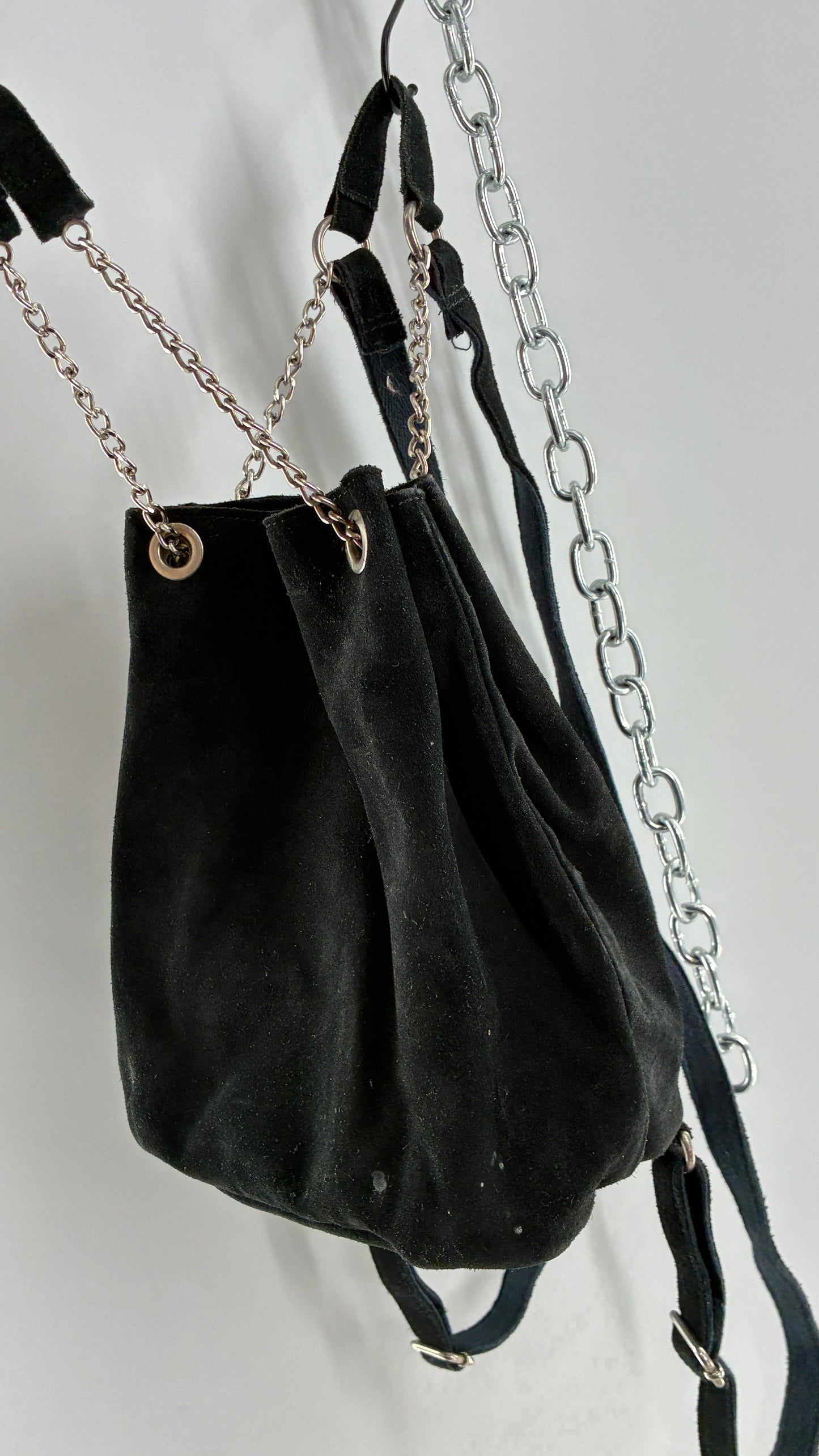 Black Genuine Suede Convertible Chain Link Backpack