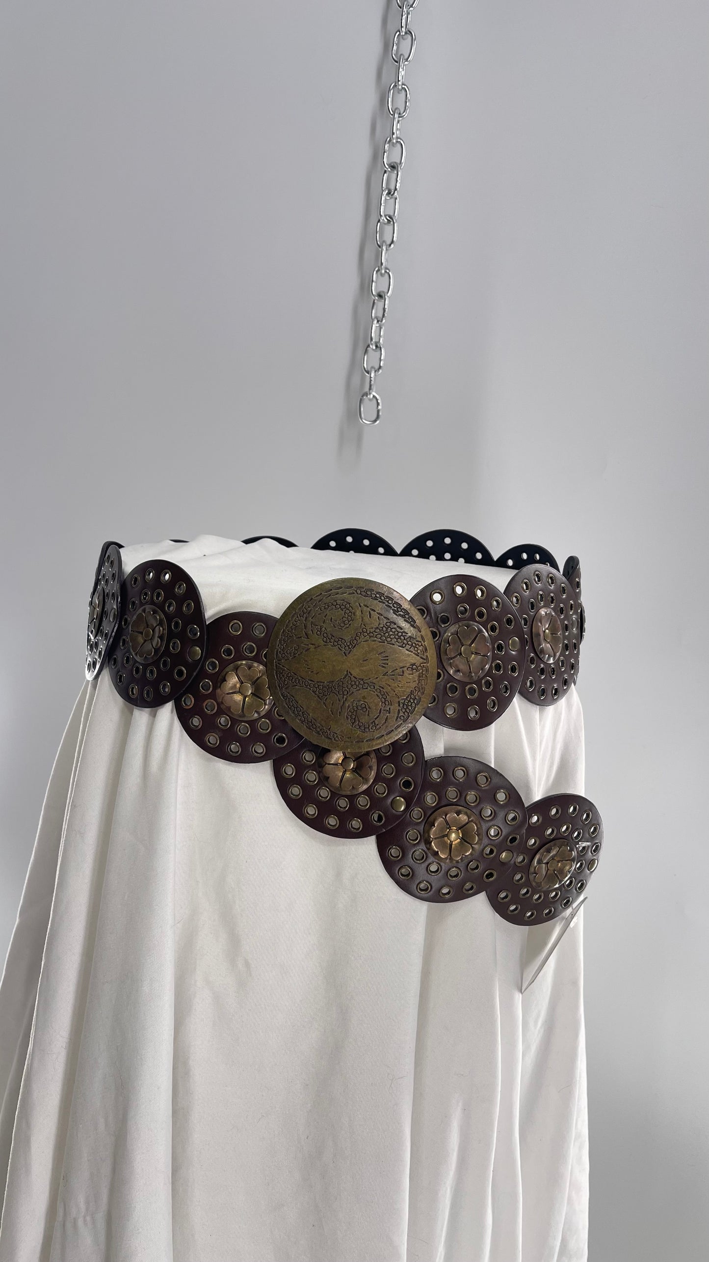 Vintage 1990s Oversized Concho Circle Belt with Grommets and Embossed Metal Flowers (One Size)