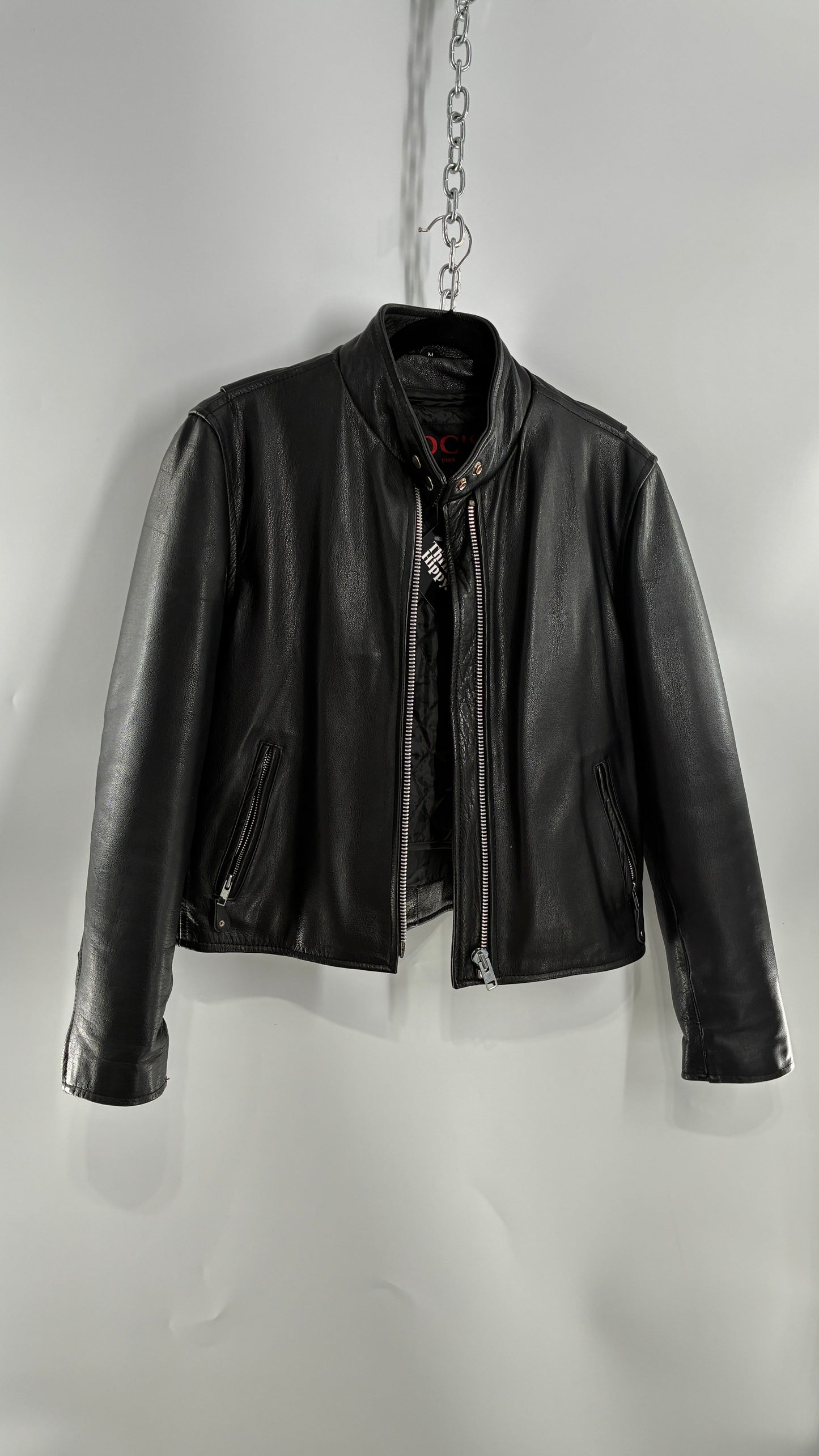 Vintage DOC’s Black Thick Leather Jacket with Removable Quilted Lining, Zippered Sides and Heavy Metal Details (Medium)