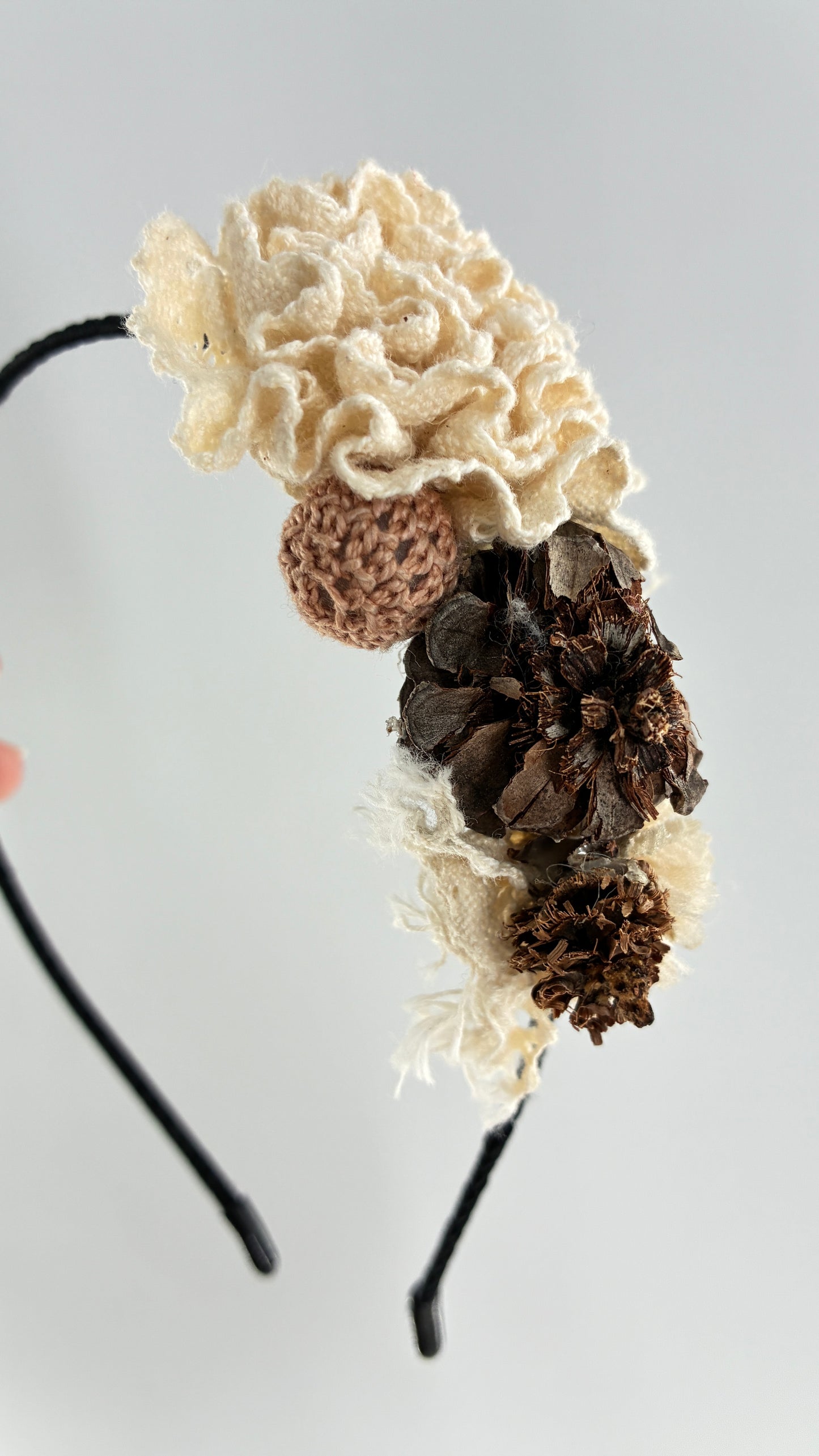 Vintage FARMER Handmade Discrete Headband with Crochet and Pine Appliqués