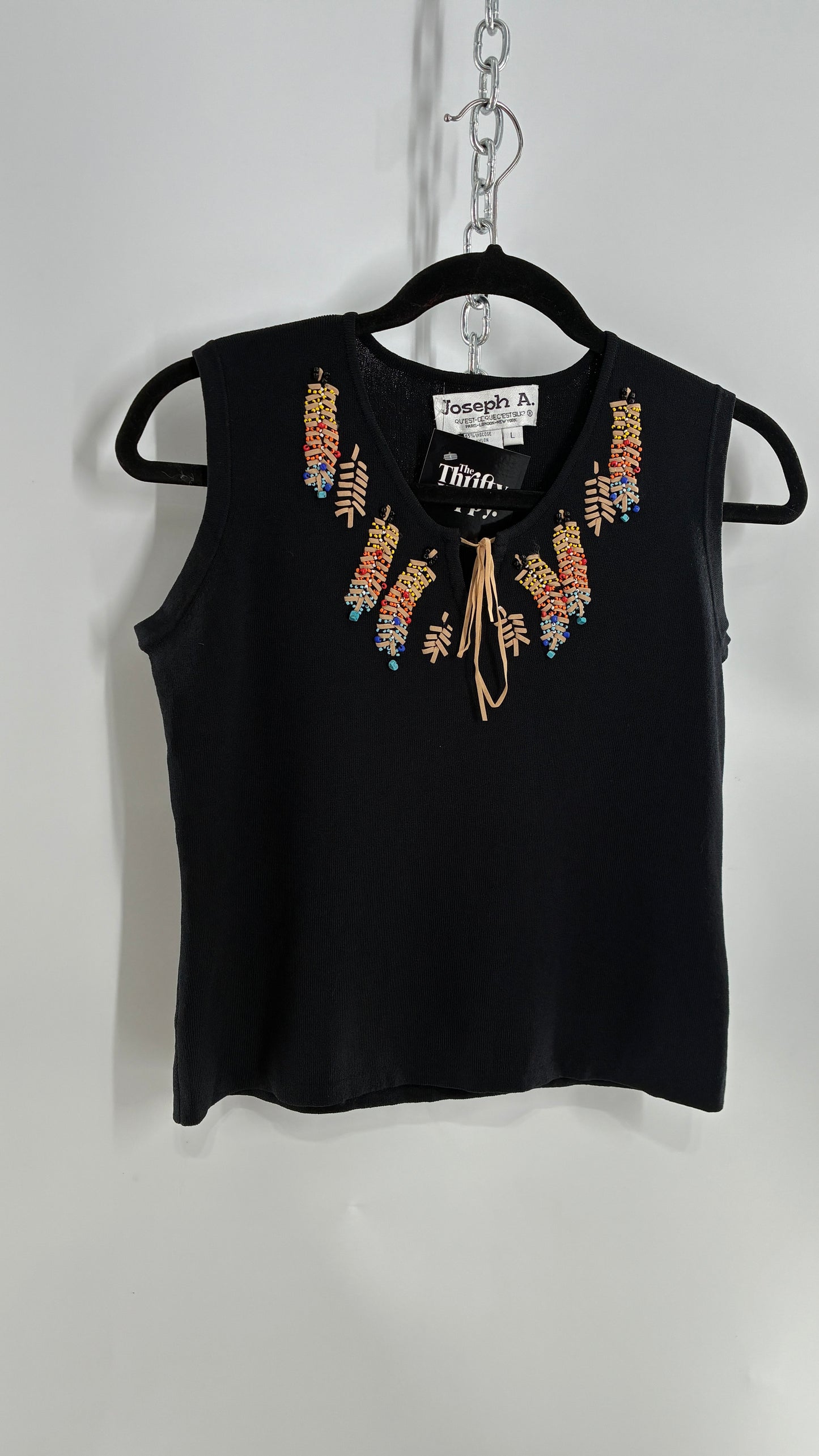 Vintage 1990s JOSEPH A Beaded Feather Black Sleeveless Top (Large)
