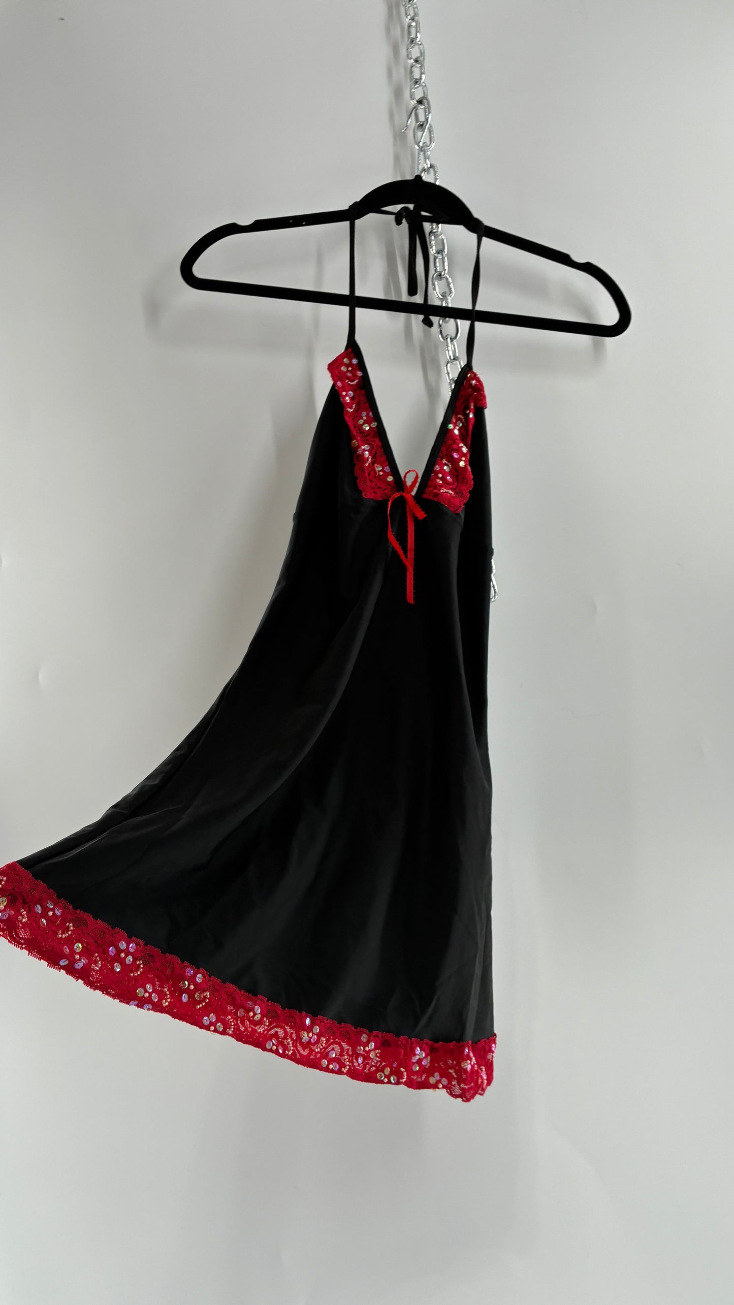 Vintage PROMISCUOUS Black Camisole Slip with Red Ruffled Sequin Lace and Scalloped Bum  (XL)