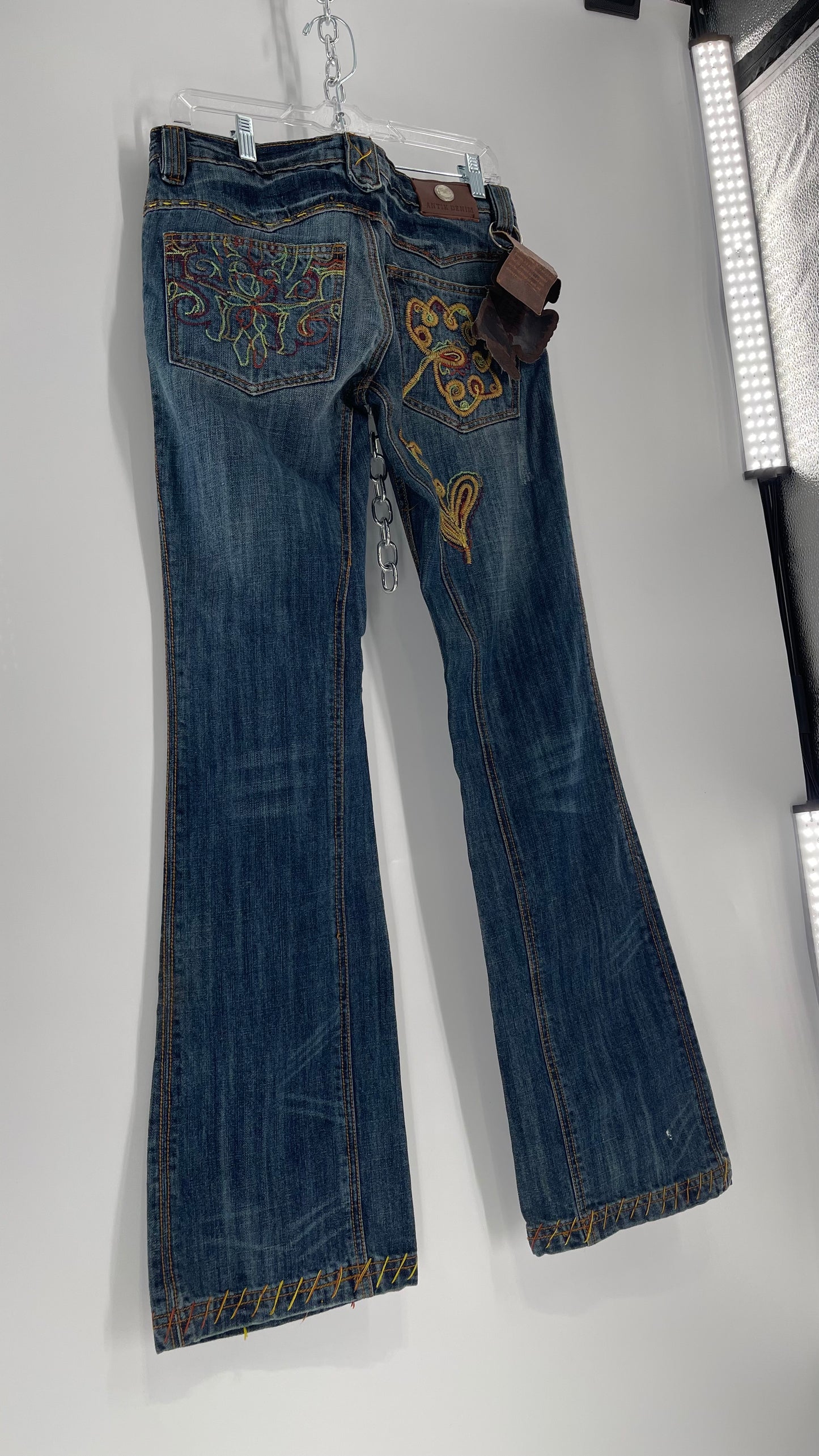 Vintage RARE Antik Denim Kick Flares with Embroidered Flower Design and Contrast Stitching (28)