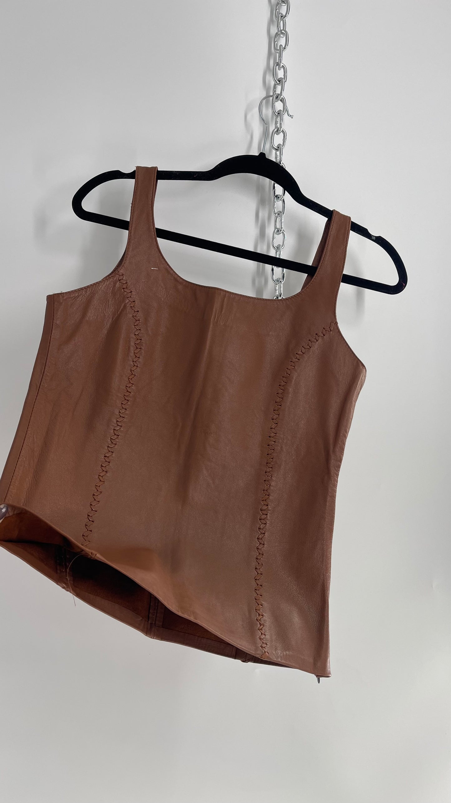 Vintage Brown Leather Tank with Braided Details (Medium)