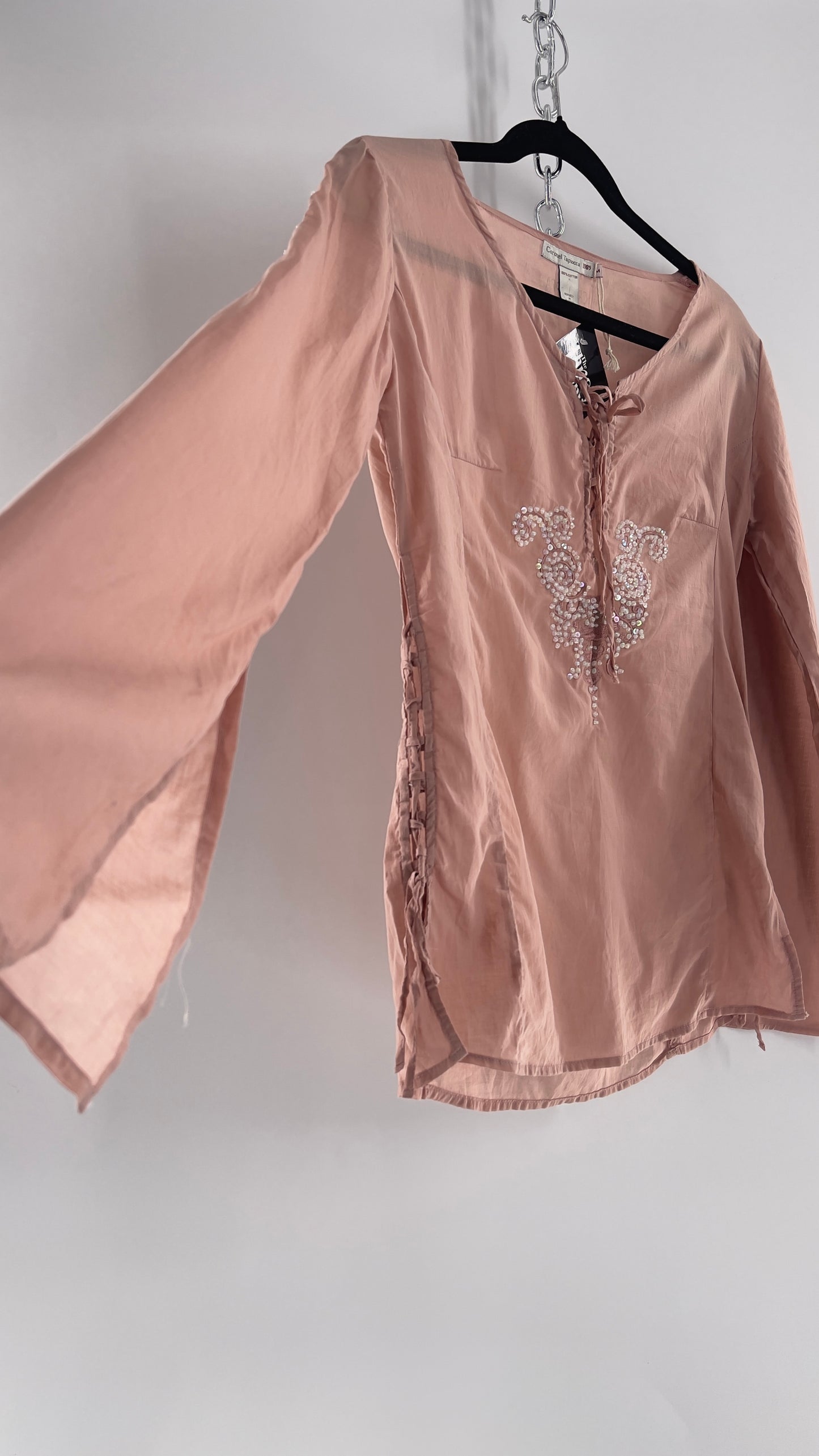 Vintage Coronel Tapioca Dusty Pink Tunic with Beaded Designs and Lace Up Sides (Medium)