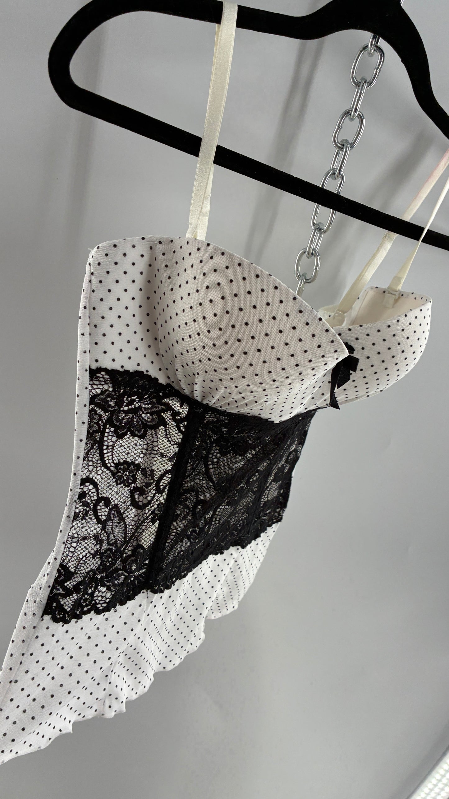 Vintage Black and White Polka Dotted Bustier Babydoll with Lace Bodice Detailing (Medium)