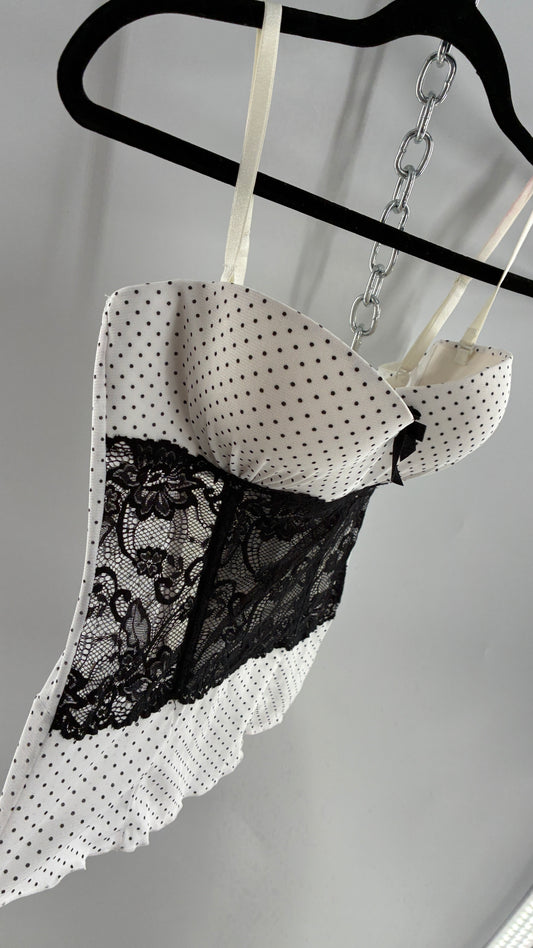Vintage Black and White Polka Dotted Bustier Babydoll with Lace Bodice Detailing (Medium)