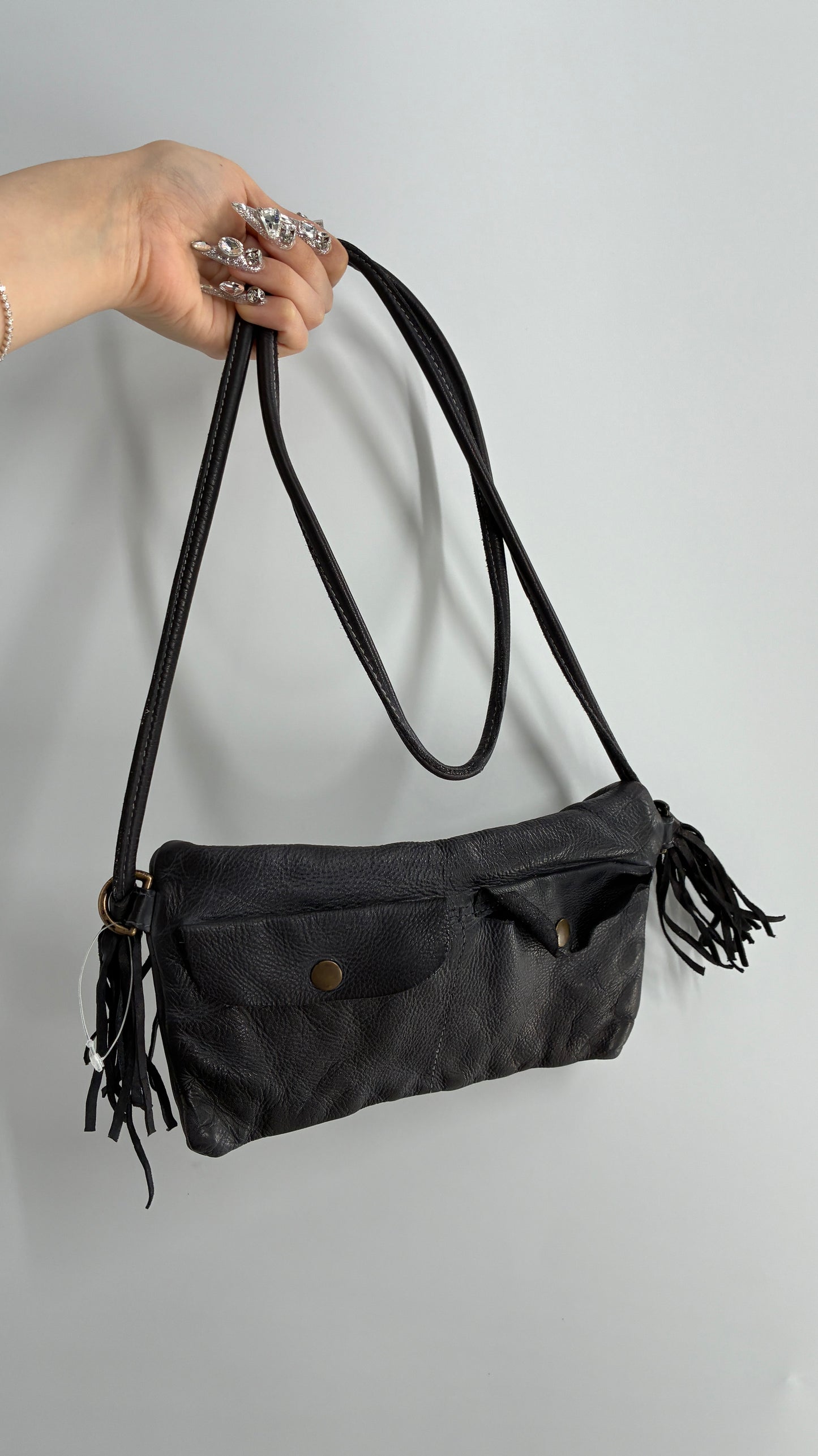 Free People Black Leather Cross Body Fringe Tassel Pouch Pocket Purse