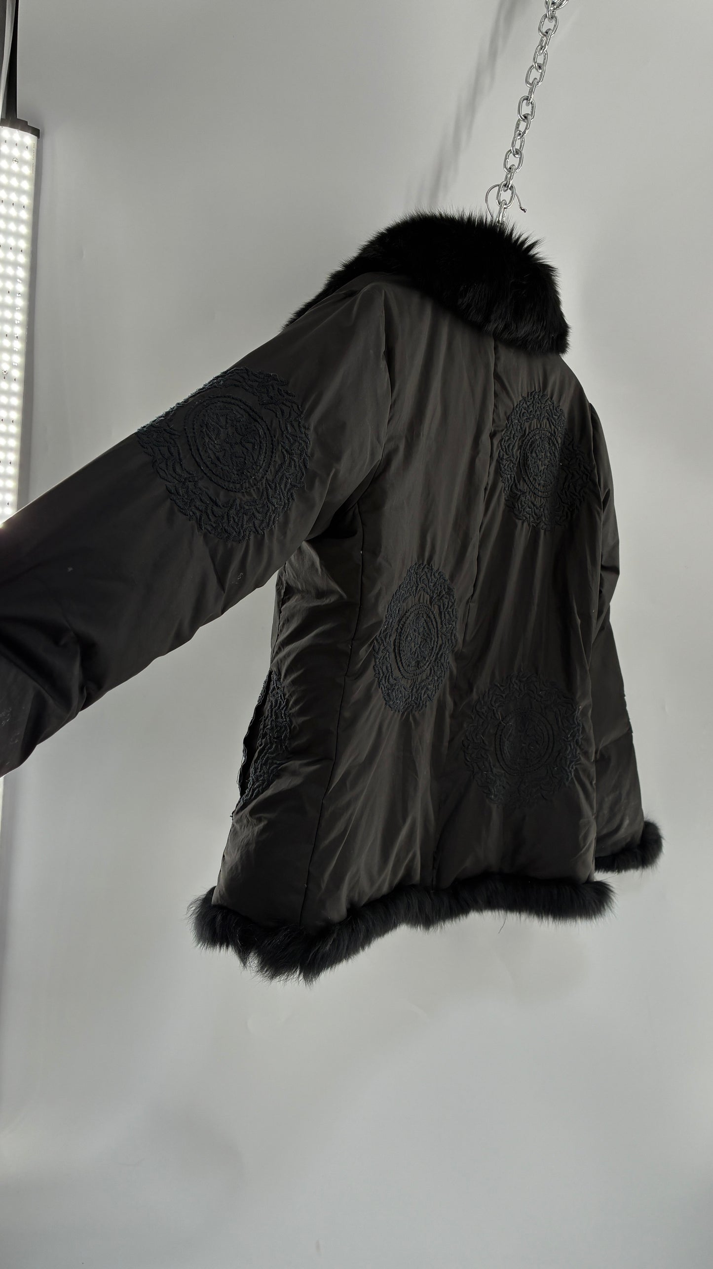 Vintage Gi & JO Black Down and Feather Puffer Jacket with Exaggerated Genuine Rabbit Fur Trim and Mandala Embroidery (Medium)