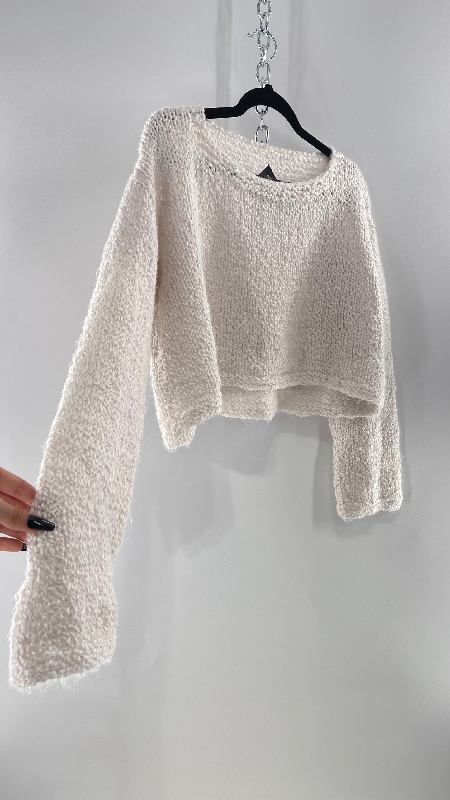 White Slouchy Comfy + Cozy Knit Cropped Sweater (M)