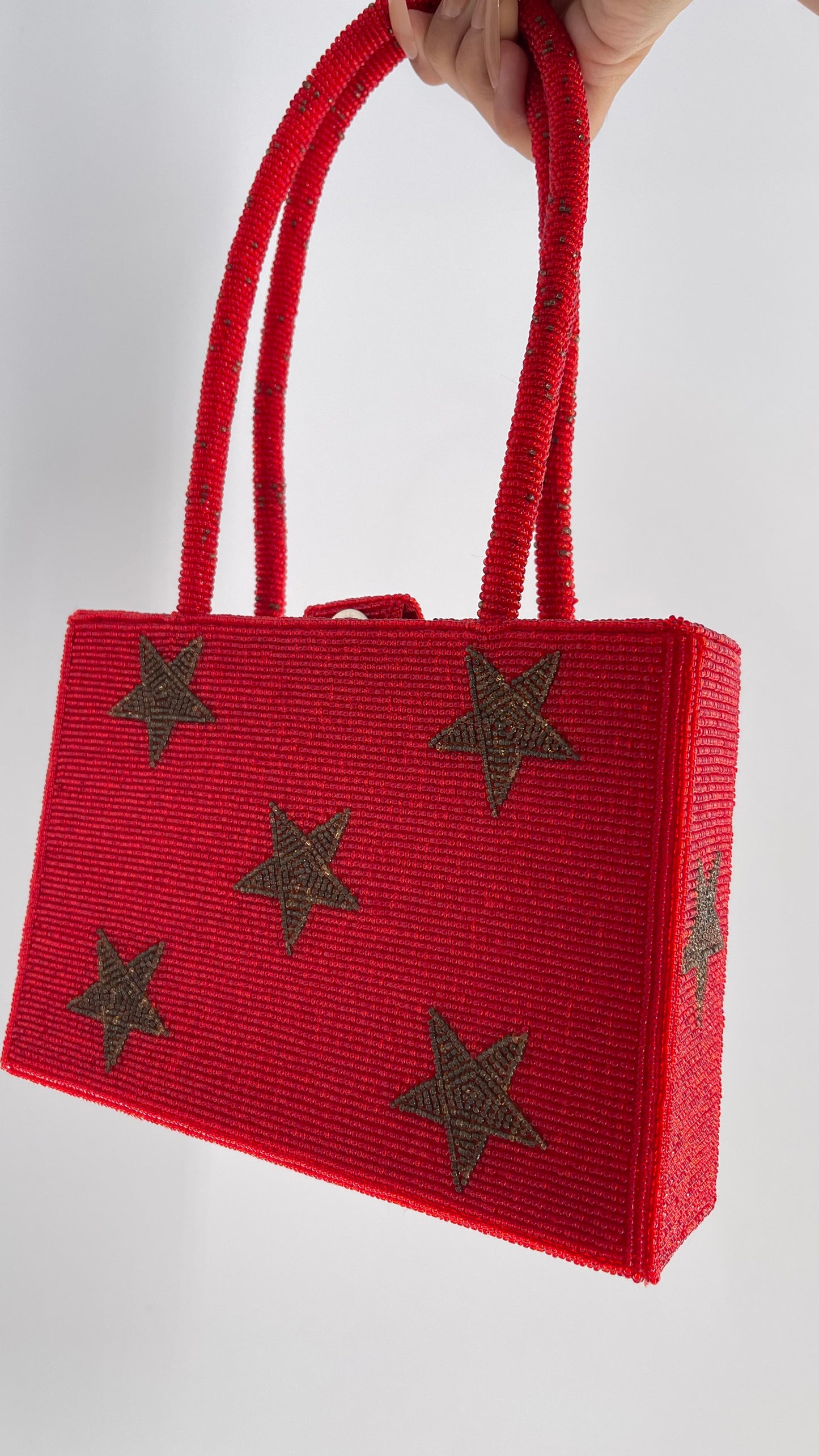 Vintage Lynne Jerome Red Beaded Box Bag with Gold Stars