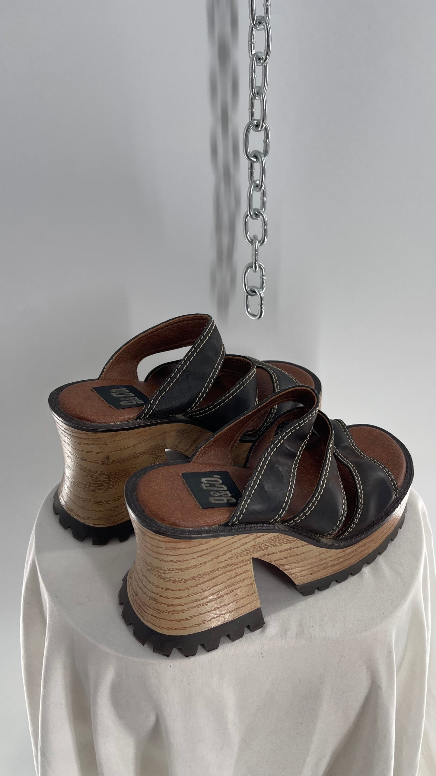 Rare Vintage 9&Co 1990s Brown Leather Strappy Chunky Wooden Platform Funky Heel (7)