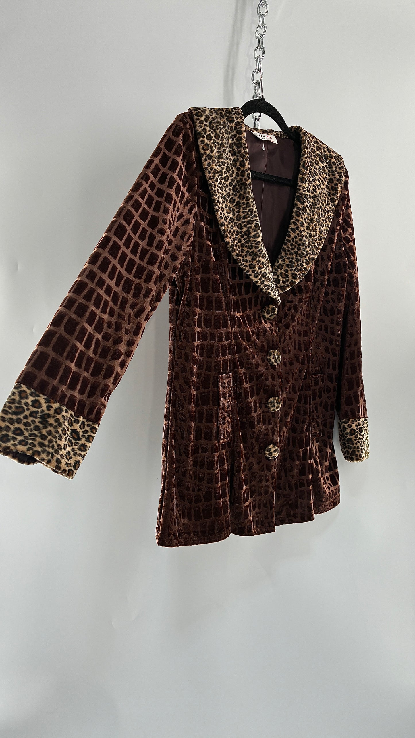 Vintage LINE #1 1990s Cheetah Print Velour Overcoat with Collar, Cuffs, and Oversized Buttons (XL)